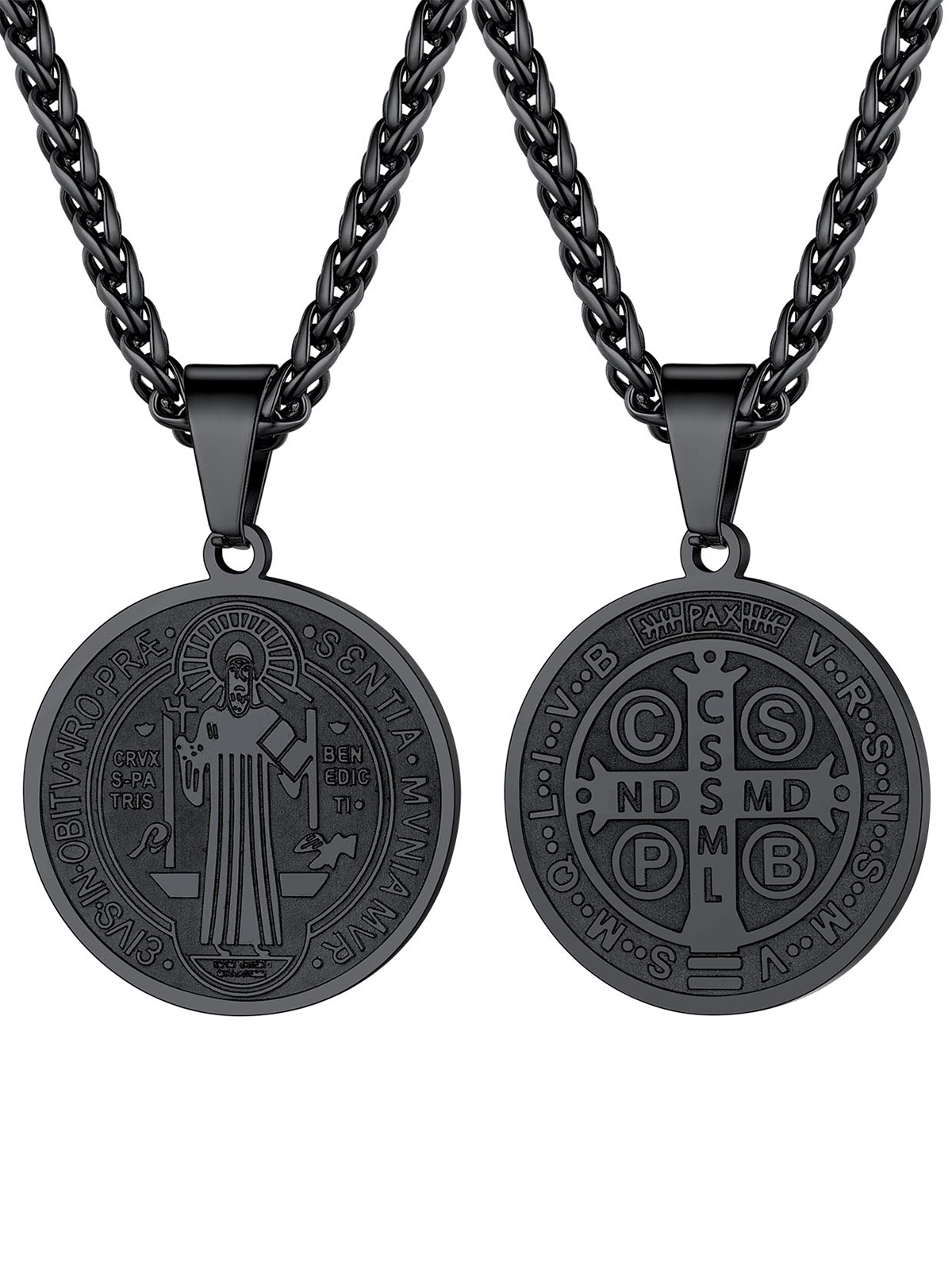 Saint Benedict Pendant Round Coin Medal Necklace in Black