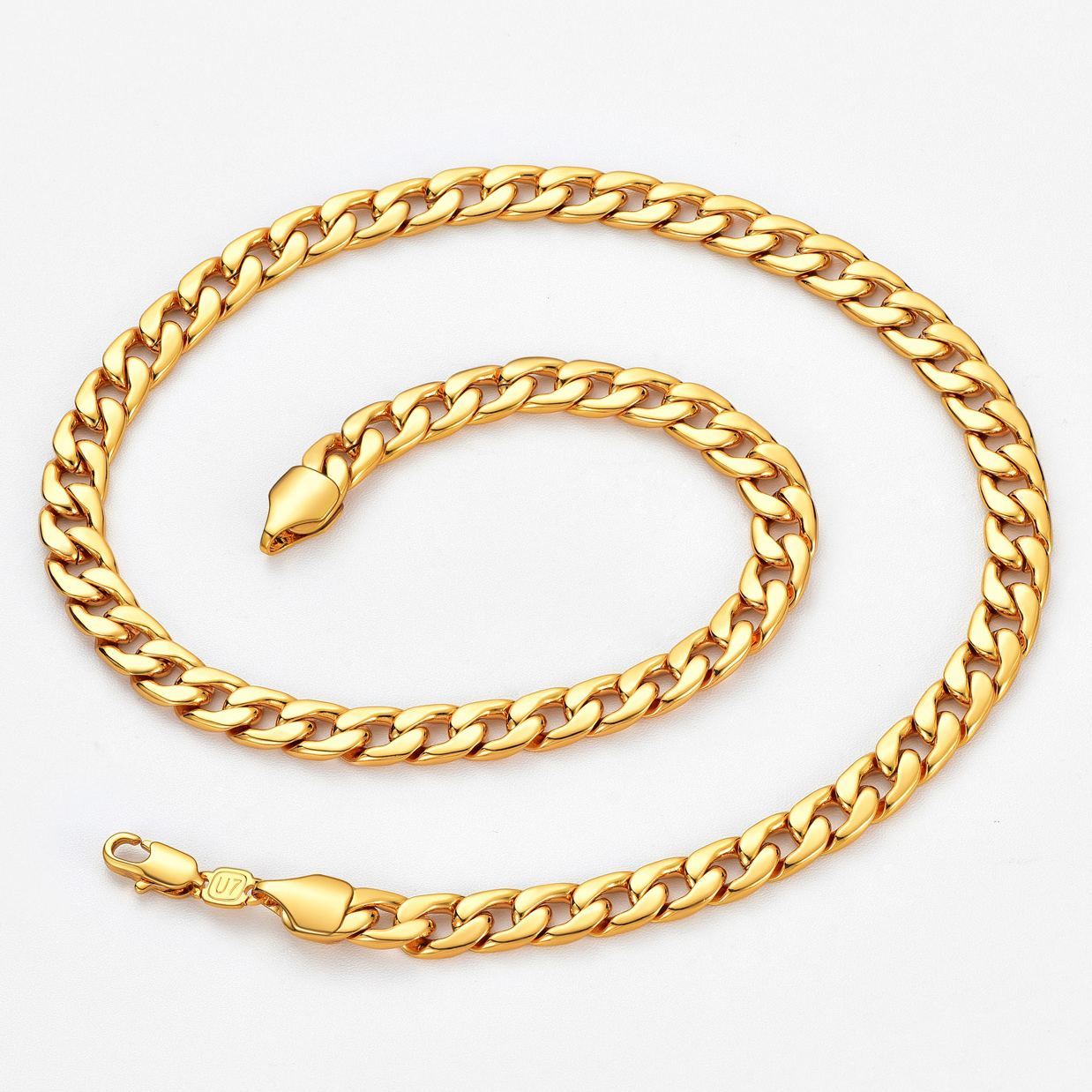 7mm Thick Cuban Chain Necklace Curb Chain Hip Hop Jewelry in 18K Gold Plated
