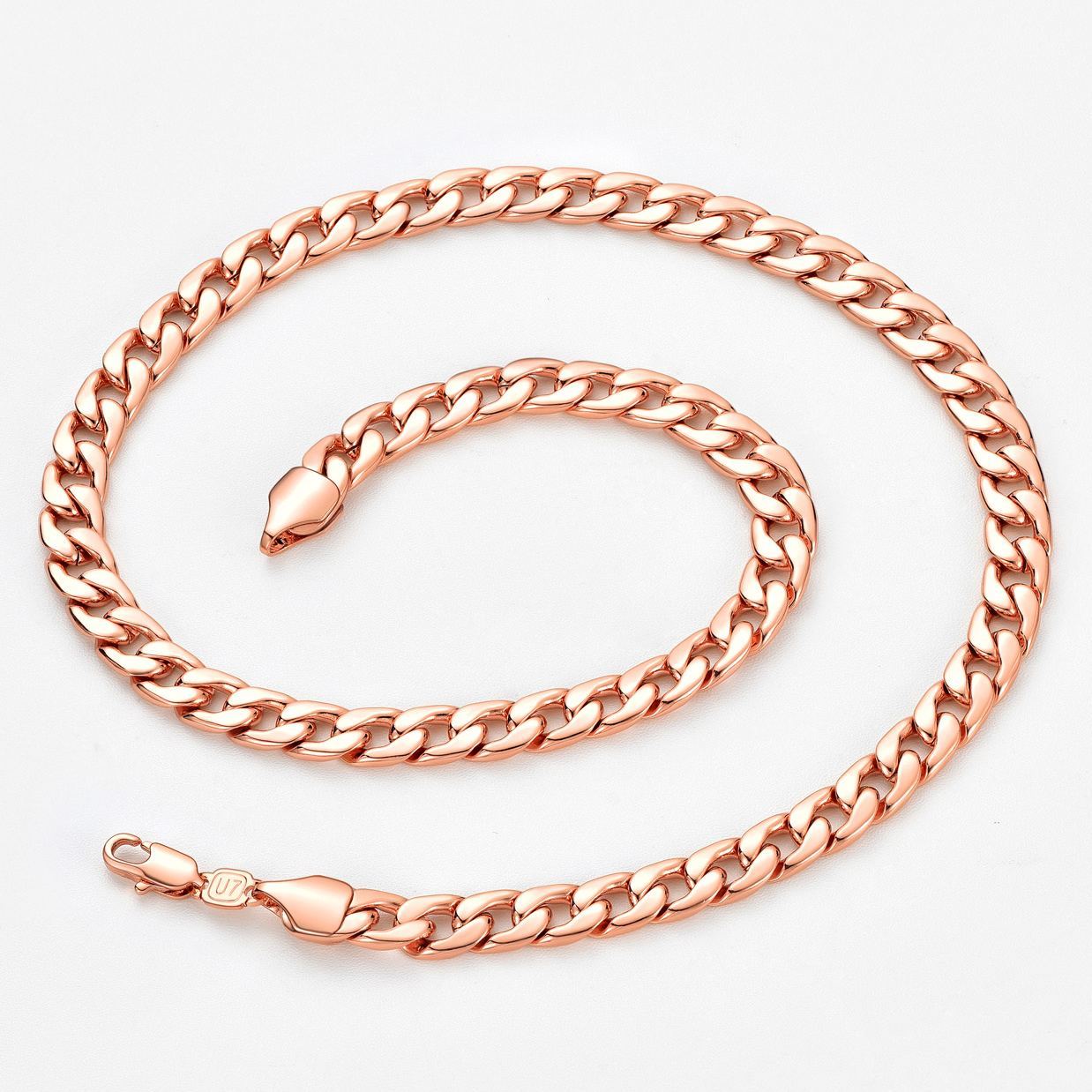 7mm Thick Cuban Chain Necklace Curb Chain Hip Hop Jewelry in Rose Gold Plated