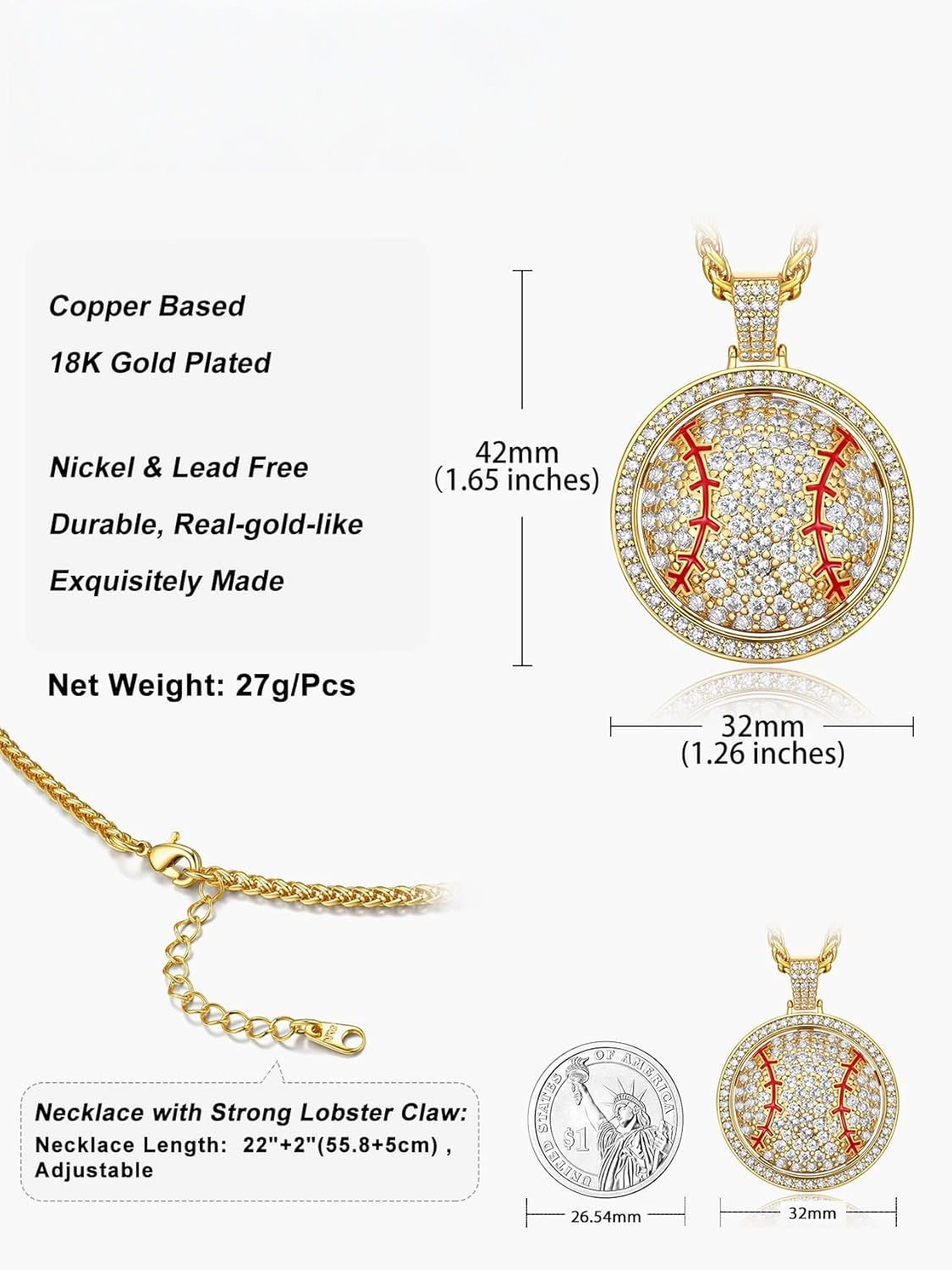 Bling Baseball Spinning Gold Necklace 