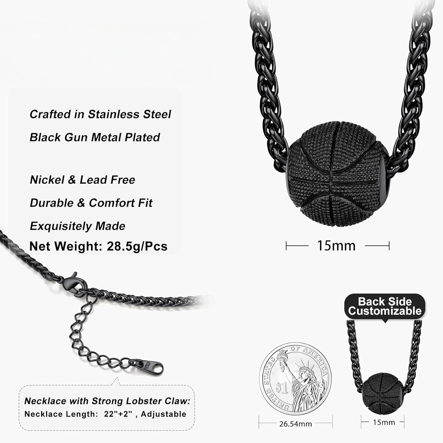 Black Rhodium Plated Basketball Necklace