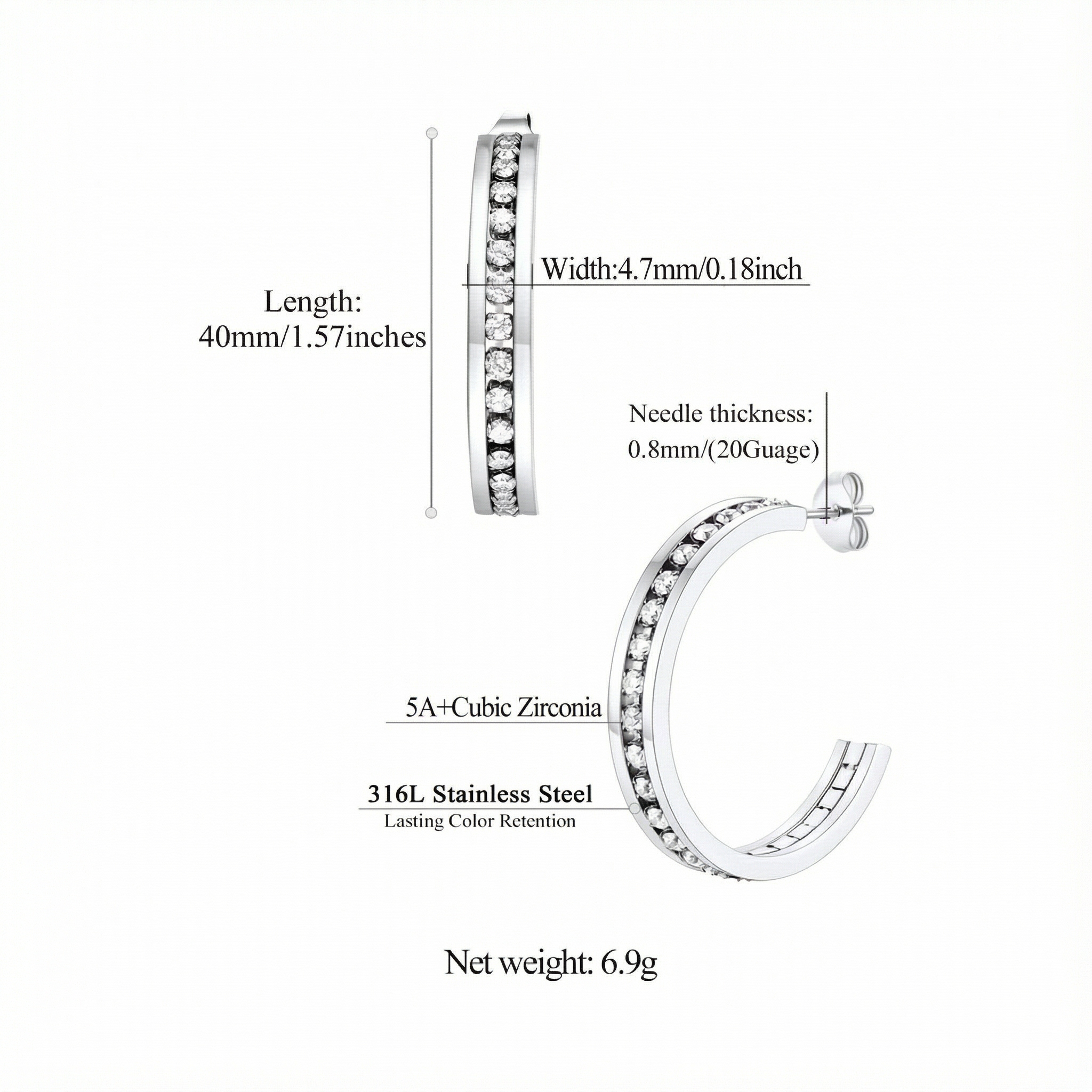 Sparkly Hoop Earrings with Cubic Zirconia Inlaid Details: Dimensions, Hypoallergenic, Latch Back