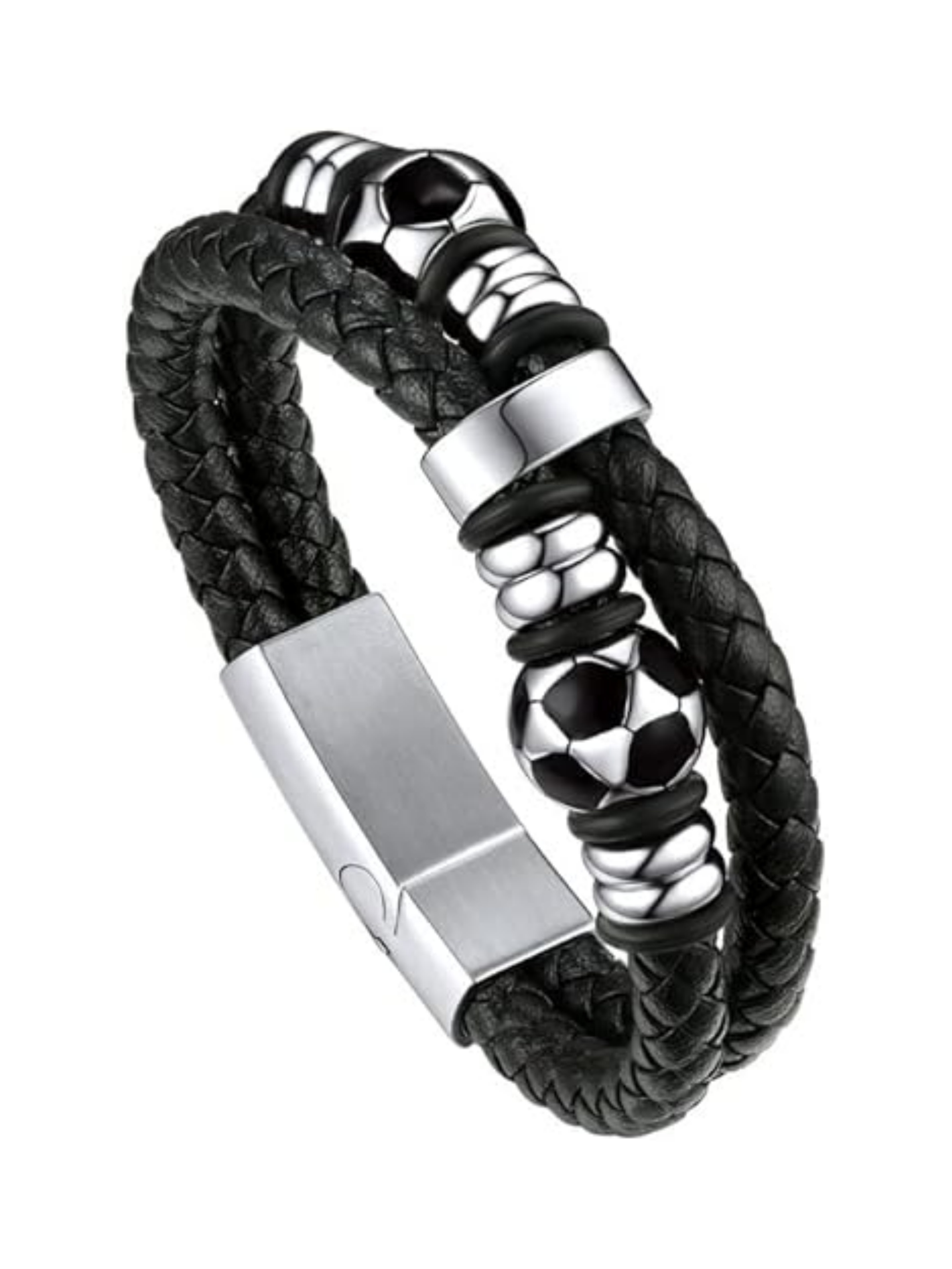 Double Row Black Braided Leather Wristband Football Beaded Bangle