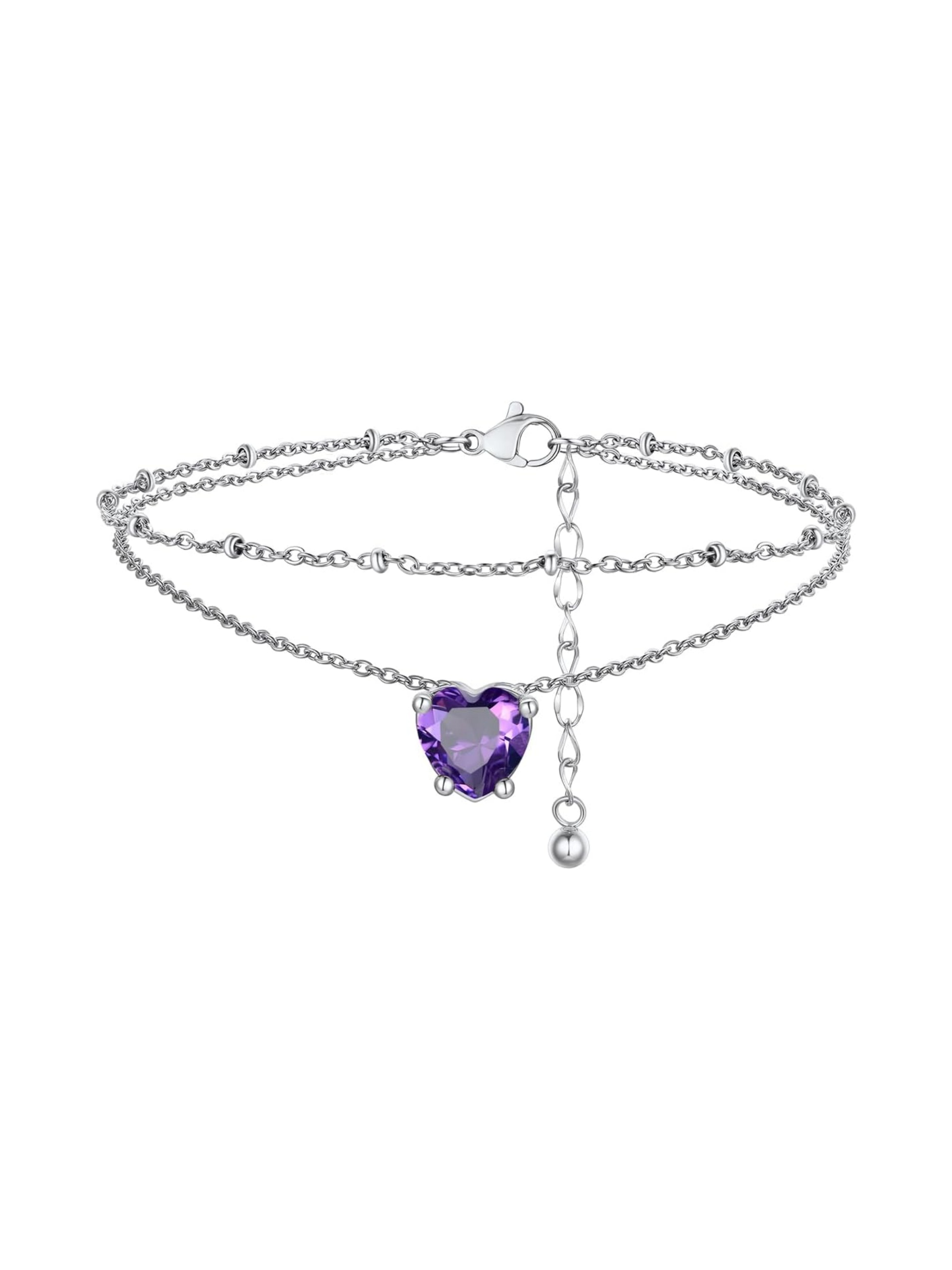 Dainty February Created Amethyst Prong Setting Birthstone Heart Anklets