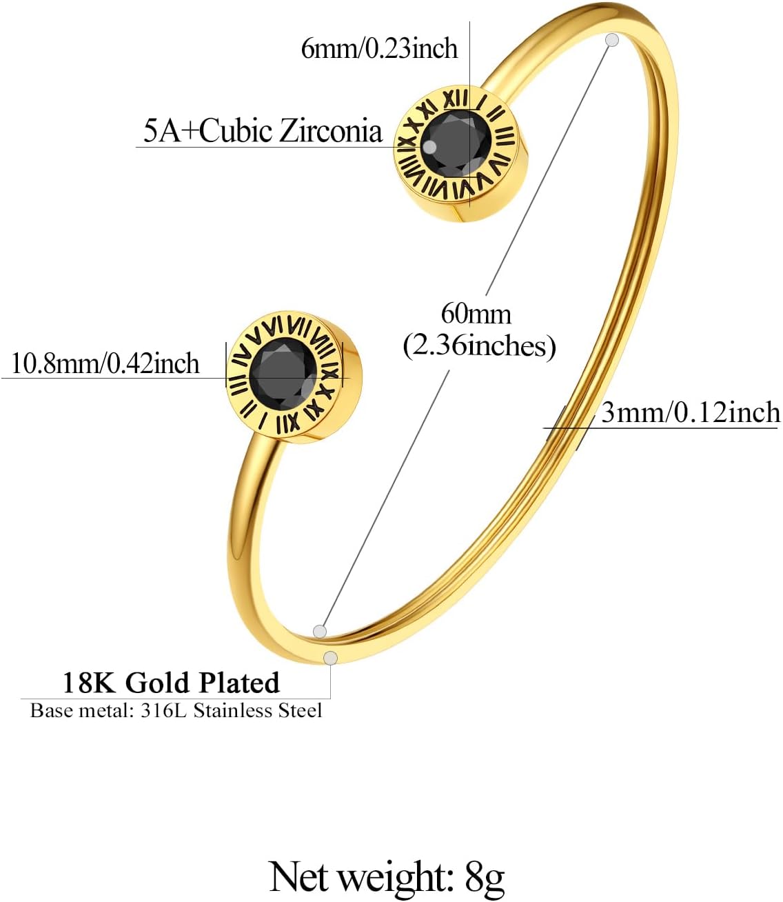 Stainless Steel Birthstones Cuff Bracelets with Roman Numerals Size