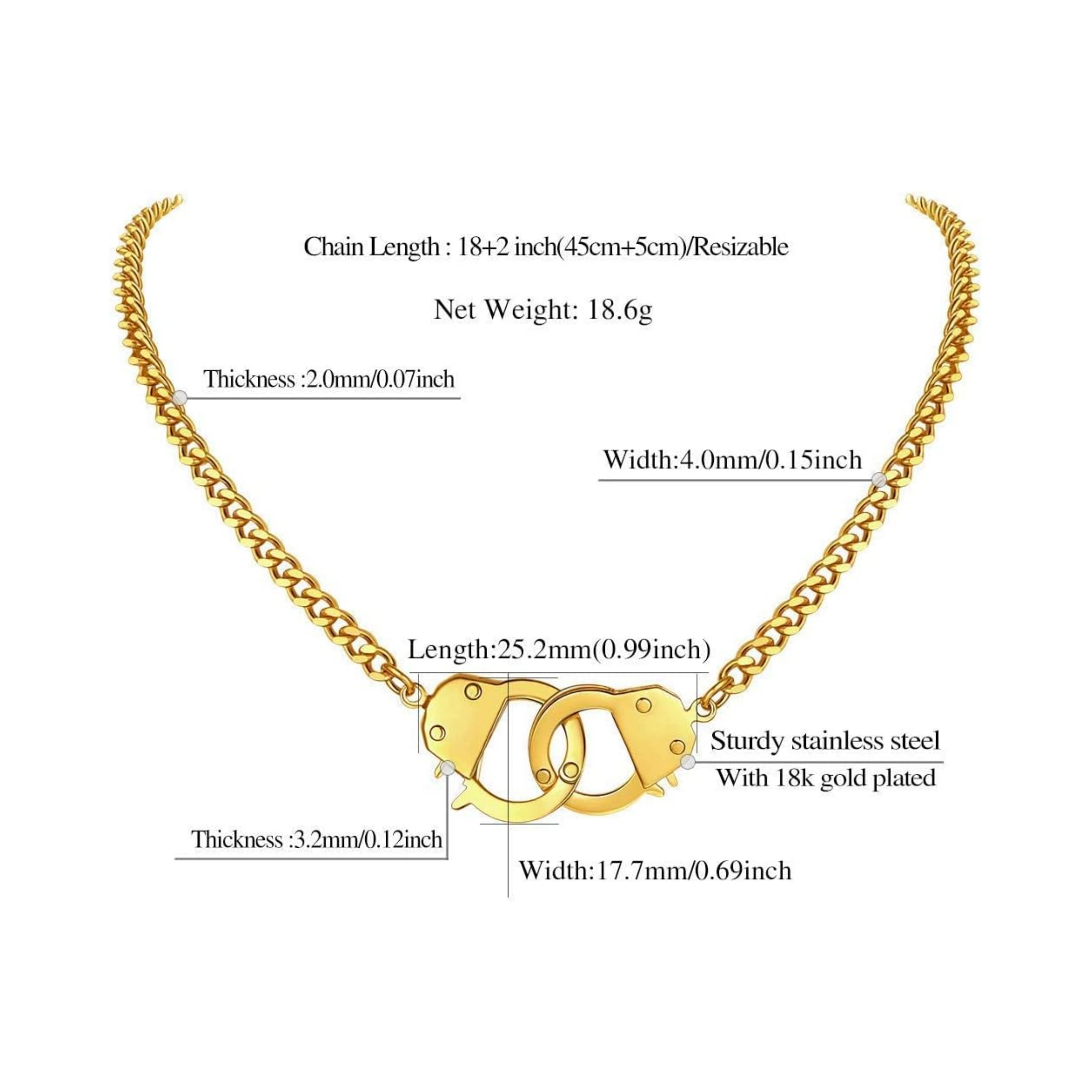 Punk Statement Handcuff Chain Necklace  Details: Dimensions, Hypoallergenic, Lobster-Claw-Clasps