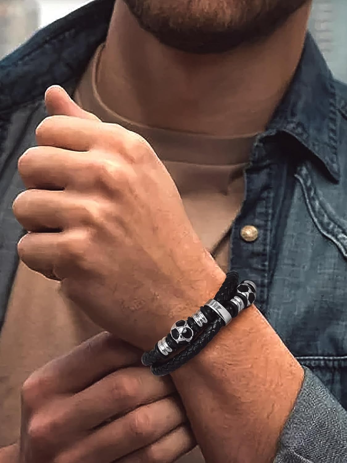 Double Row Black Braided Leather Wristband Football Beaded Bangle