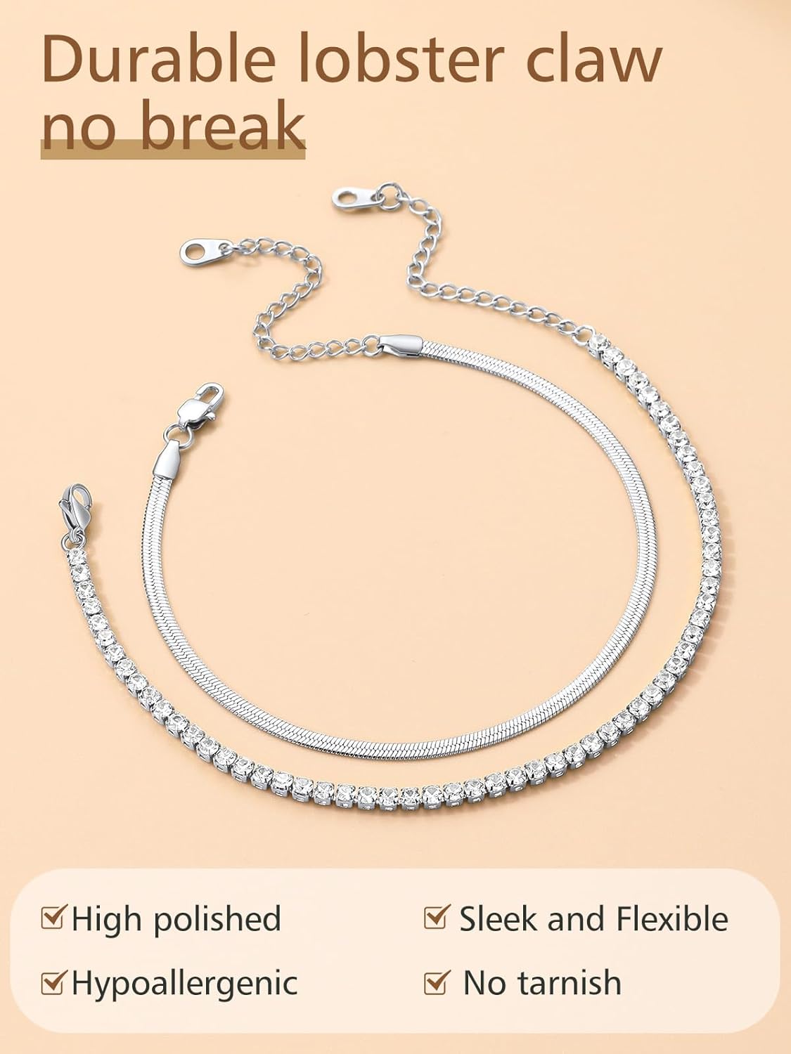 2PCS Herringbone & Tennis Chain Foot Jewelry Anklets Jewelry Set