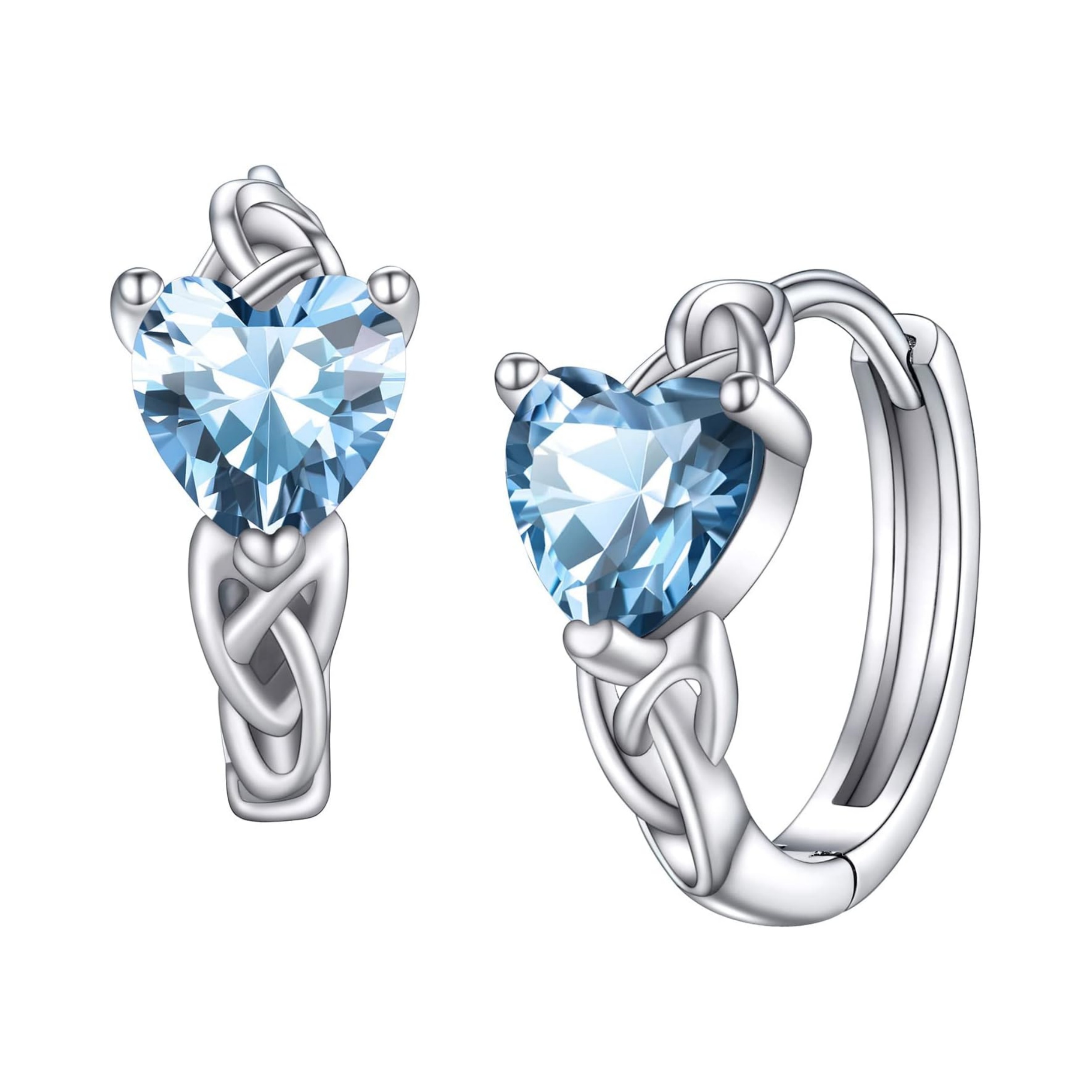 March Blue Aquamarine Heart Celtic Knot Birthstone Hoop Earrings