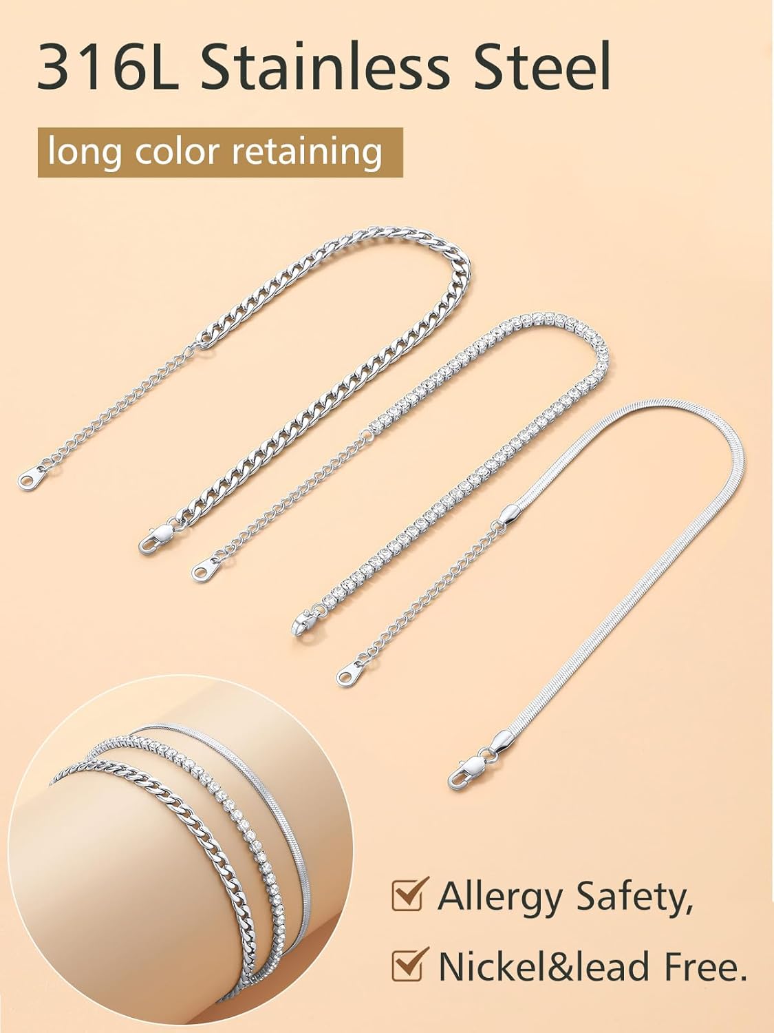 3PCS Herringbone & Tennis & Cuban Link Herringbone Link Foot Jewelry Set