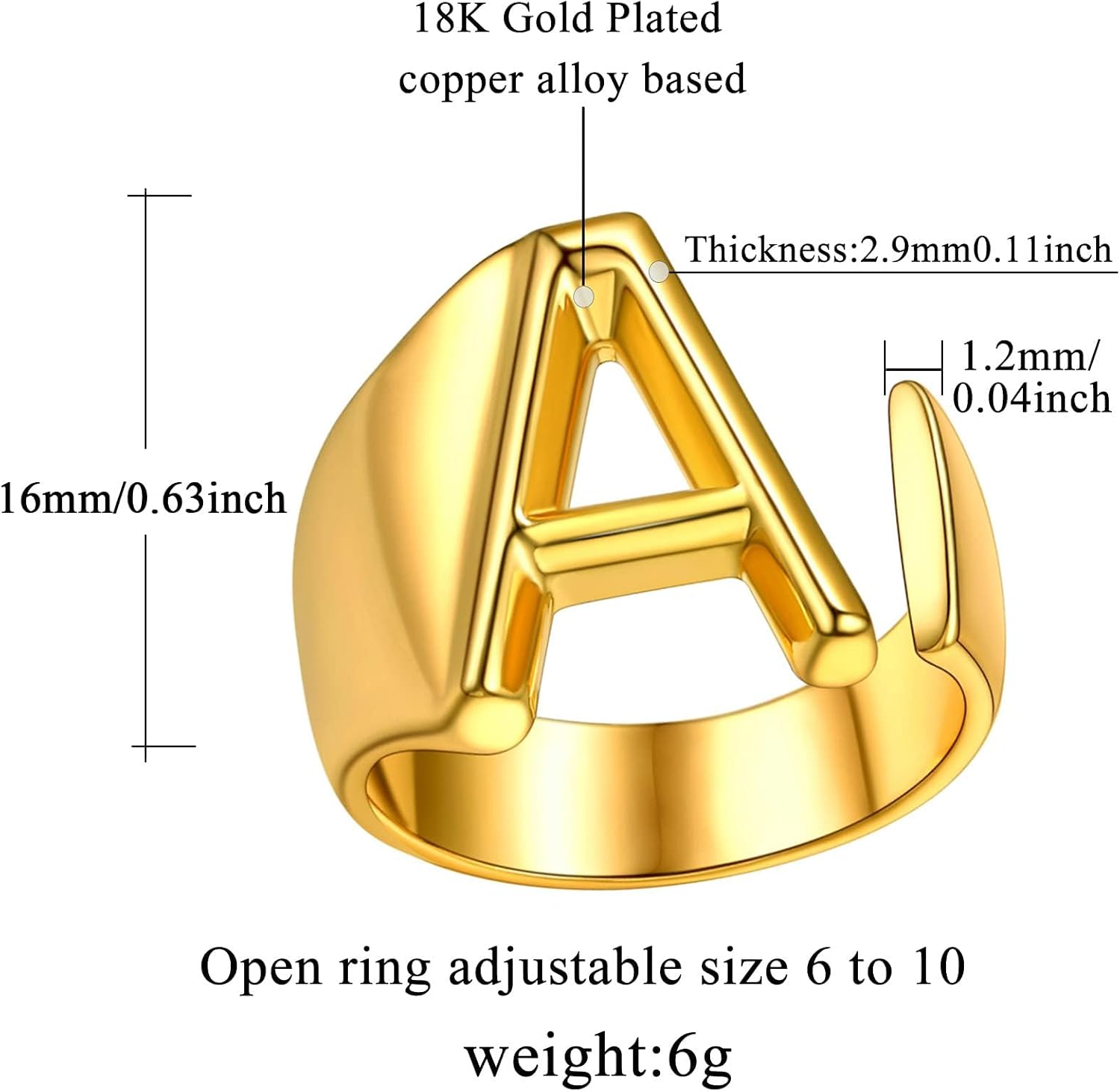 18K Gold Plated Initial Alphabet Letter A to Z Resizable Knuckle Fashion Cuff Rings Details: Dimensions, Hypoallergenic, Adjustable size for 6~11
