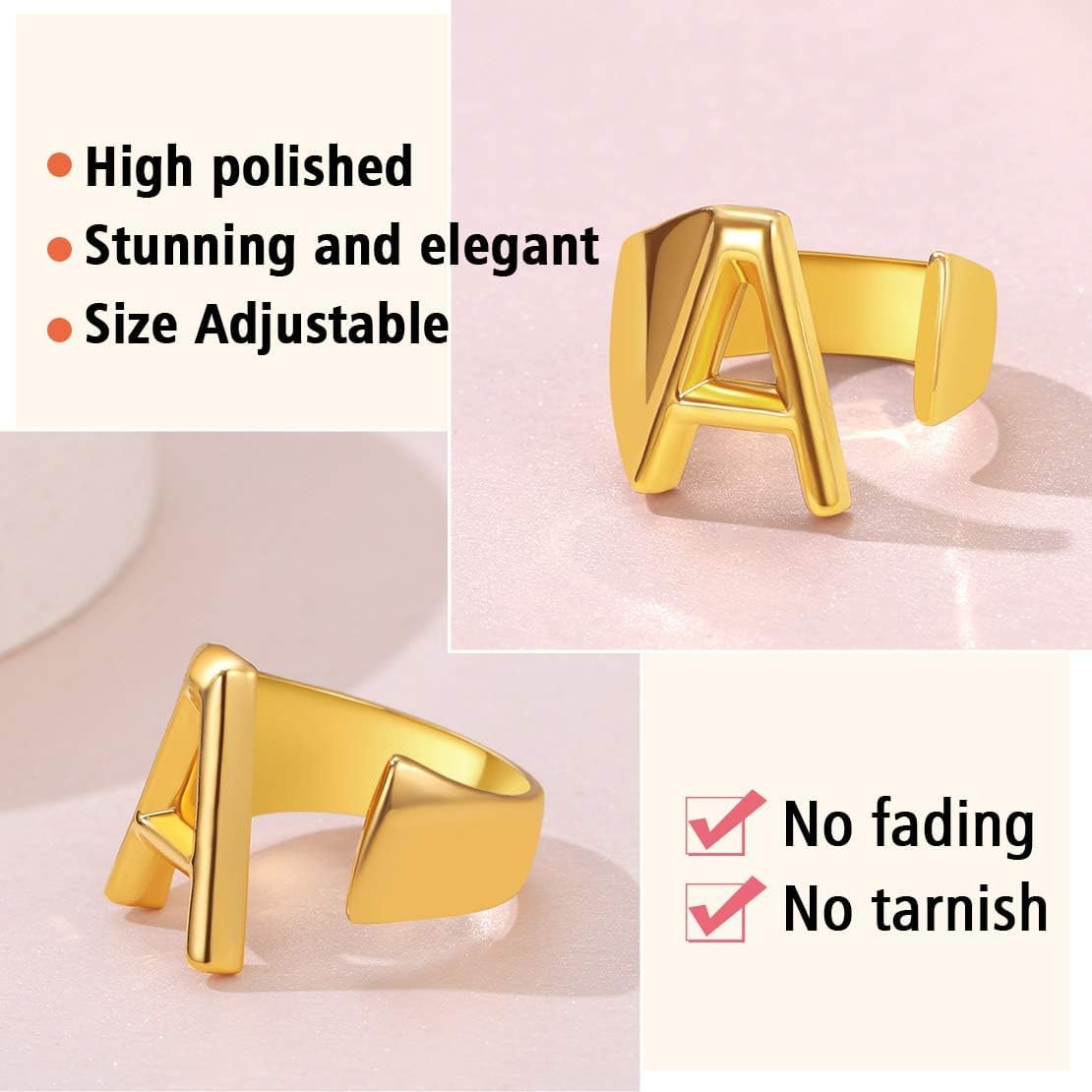 High polished 18K Gold Plated Initial Alphabet Letter A to Z Resizable Knuckle Fashion Cuff Rings  Details: Dimensions, Hypoallergenic, Adjustable size for 6~11
