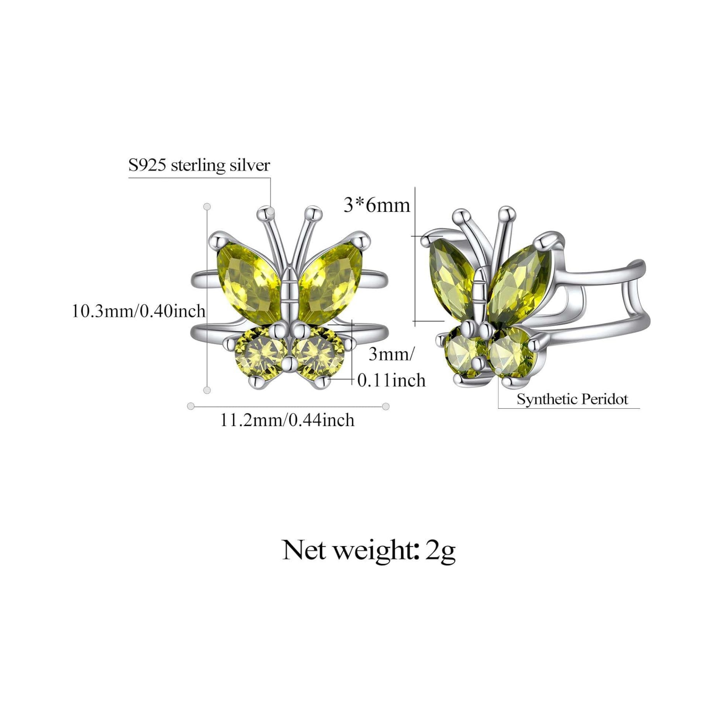 Sterling Silver Birthstone Butterfly Clip-on Earrings Details: Dimensions, Hypoallergenic， Clip On