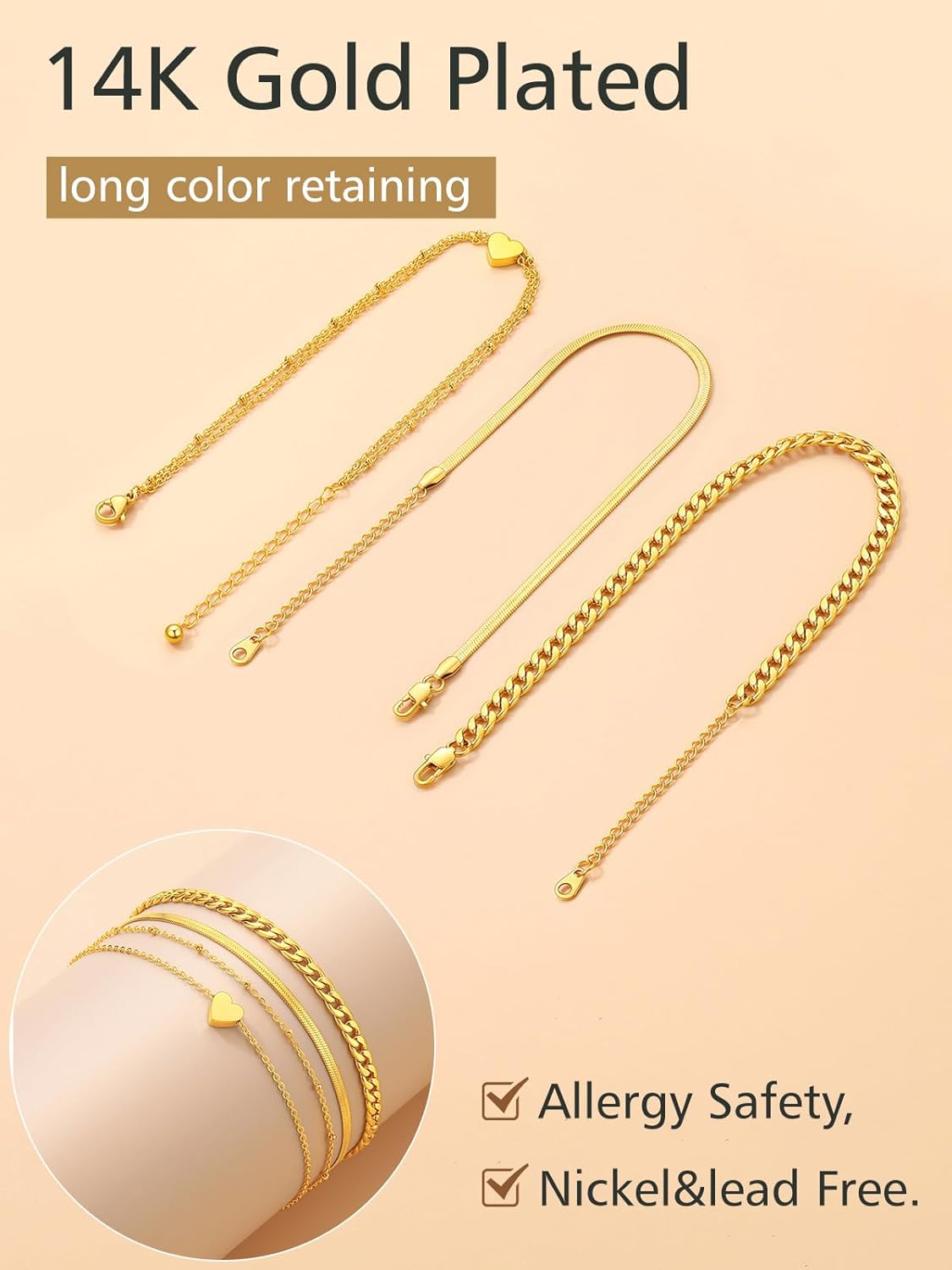 3PCS Cuban & Herringbone & Beaded Heart Ankle Set