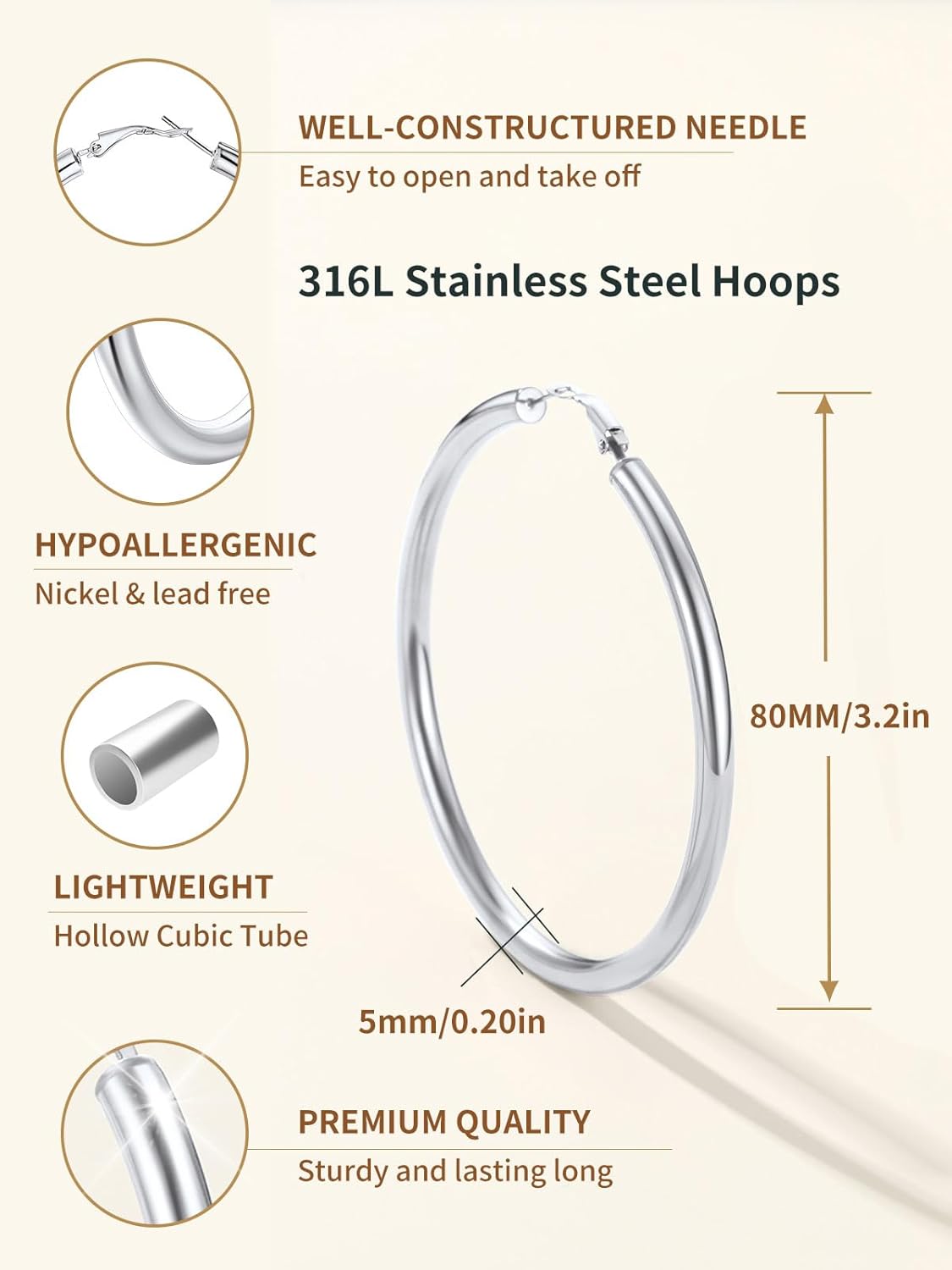 Classic Stainless Steel Tube Hoop Rounded Loop Earrings