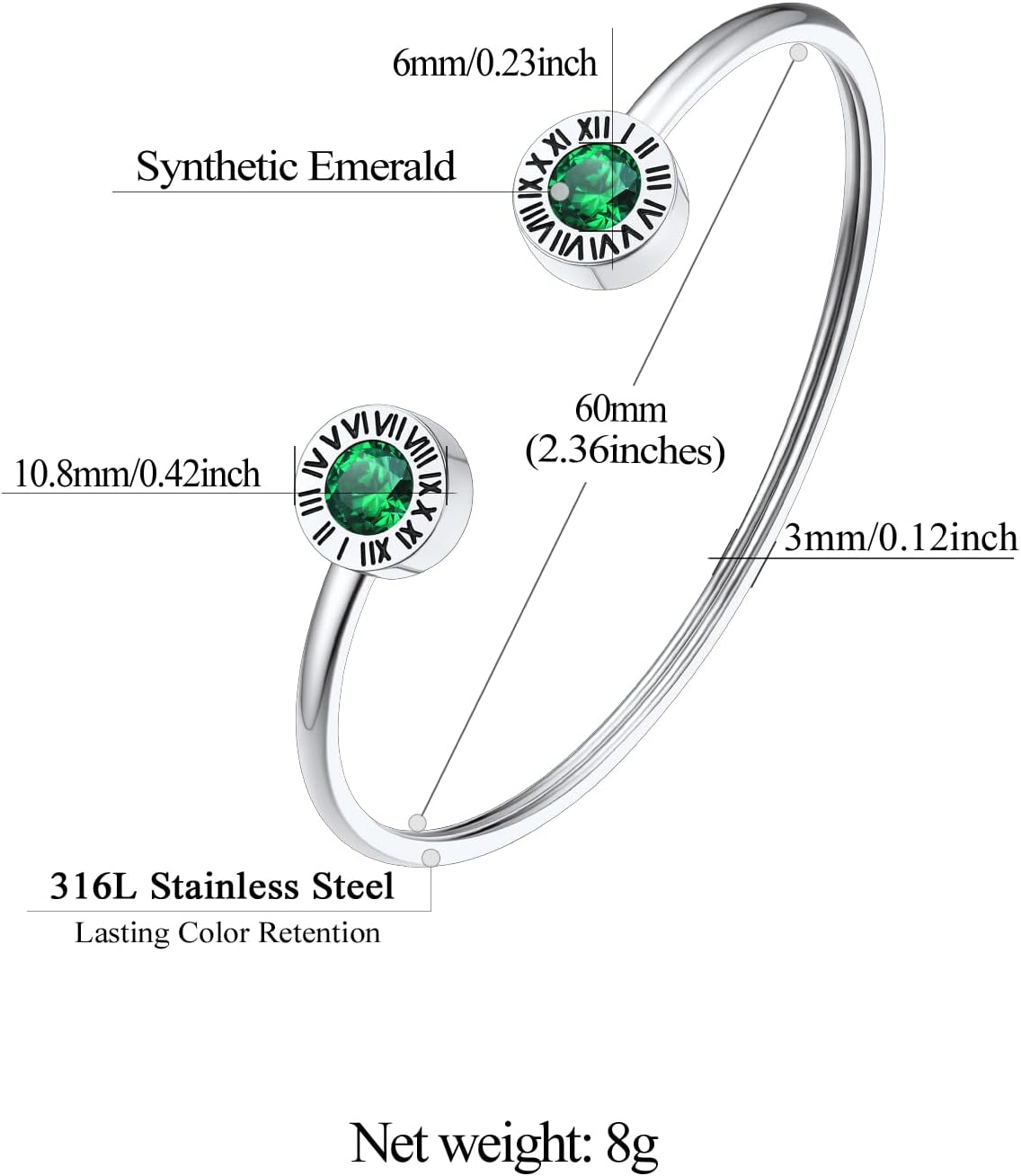 Stainless Steel Birthstones Cuff Bracelets with Roman Numerals Size