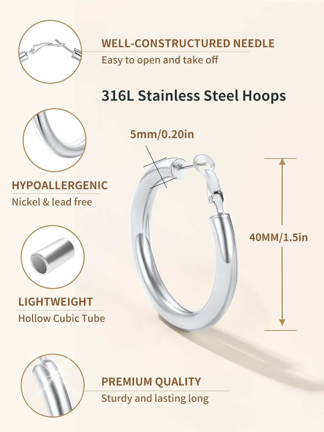 Classic Stainless Steel Tube Hoop Rounded Loop Earrings
