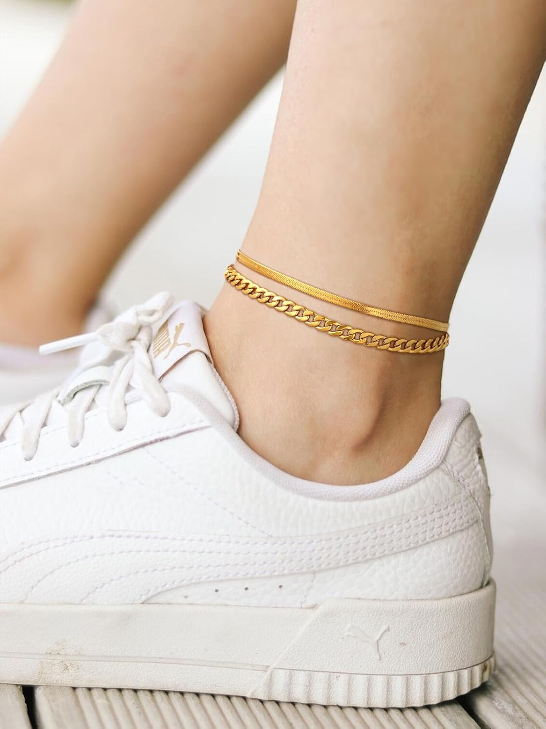 2PCS Cuban & Herringbone Ankle Set