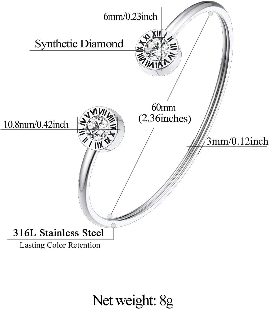 Stainless Steel Birthstones Cuff Bracelets with Roman Numerals Size