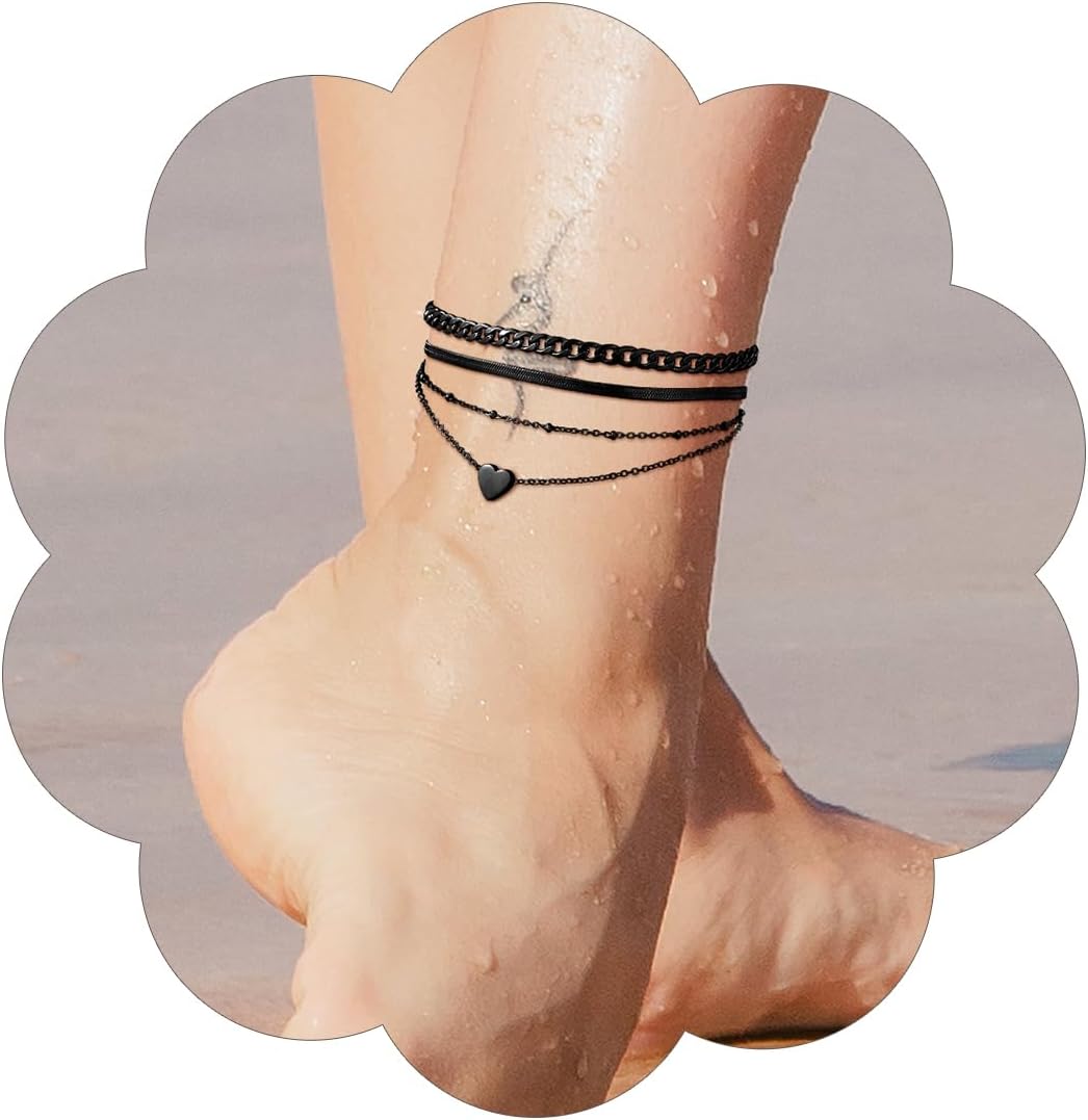 3PCS Cuban & Herringbone & Beaded Heart Ankle