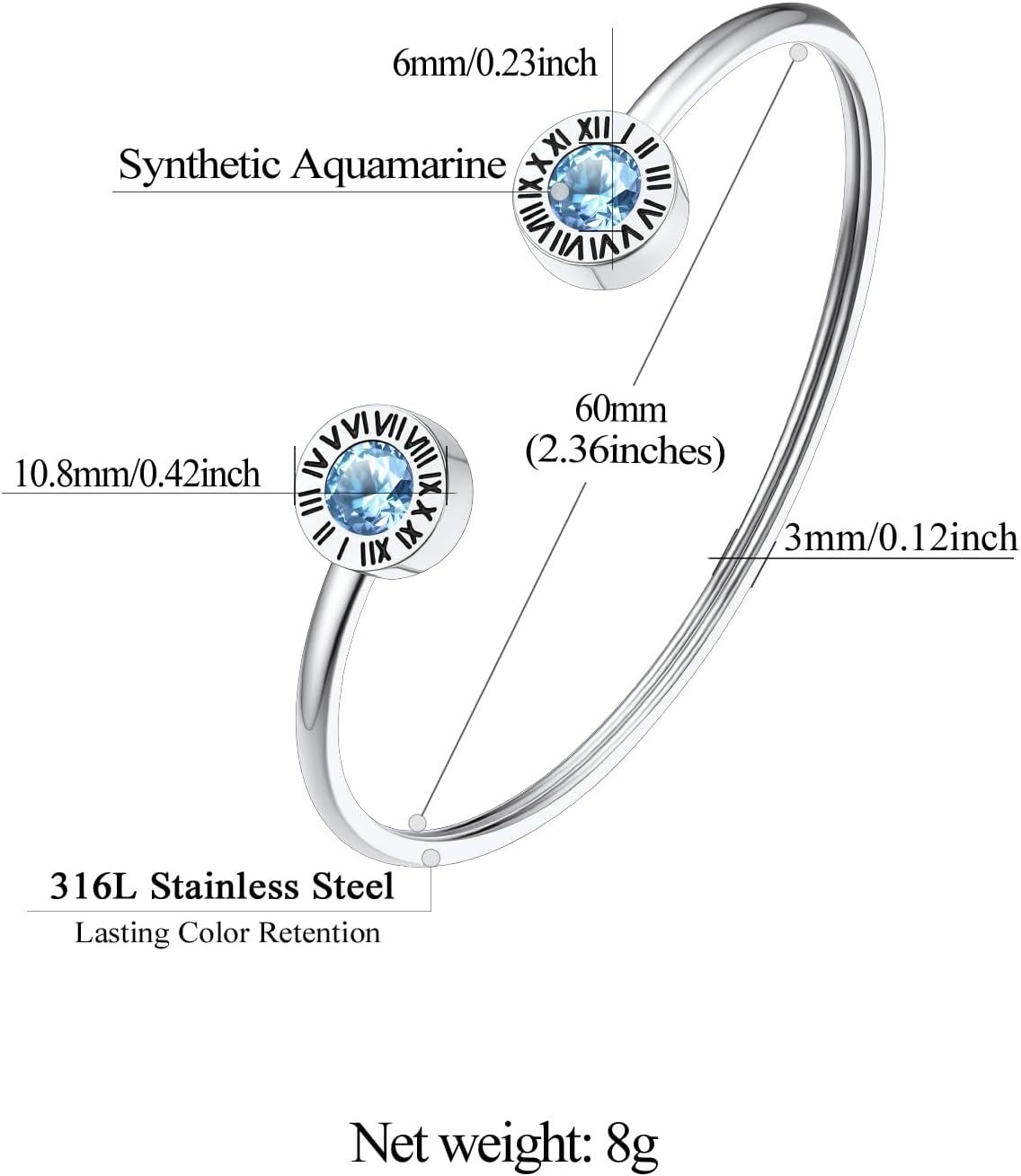 Stainless Steel Birthstones Cuff Bracelets with Roman Numerals Size