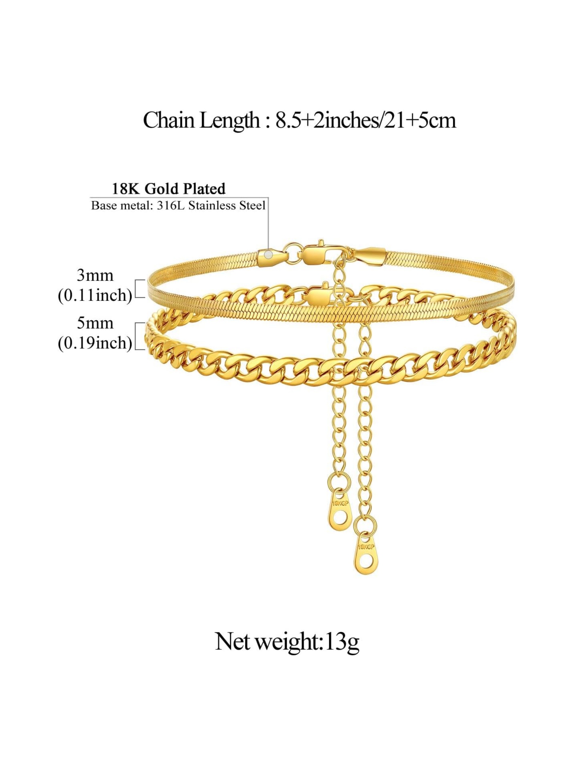 2PCS Cuban & Herringbone Ankle Set