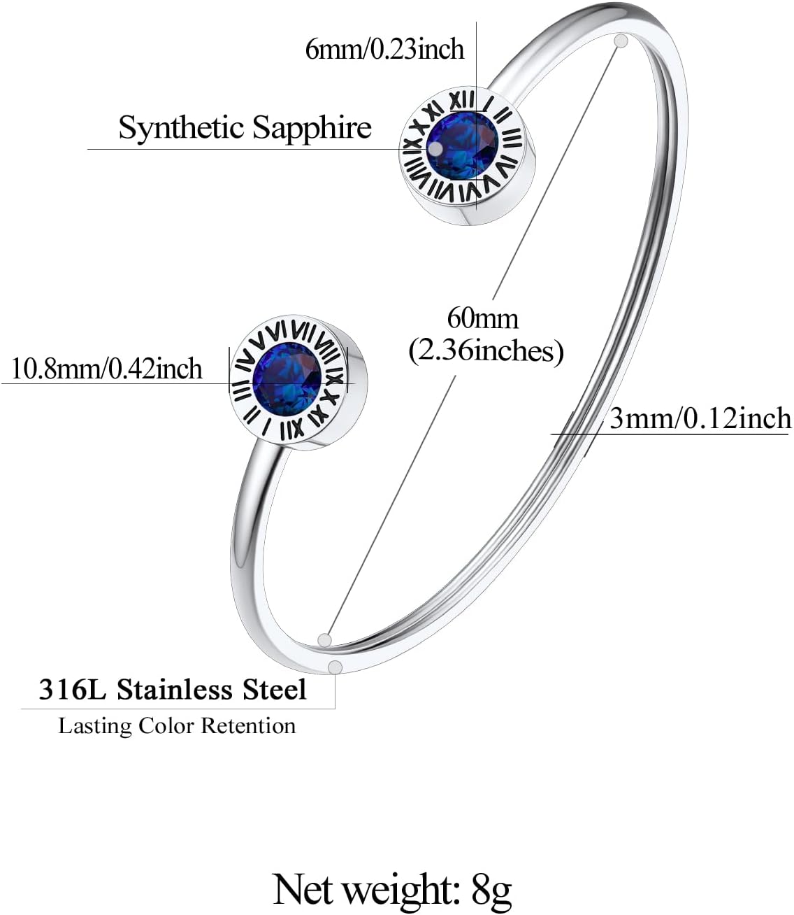 Stainless Steel Birthstones Cuff Bracelets with Roman Numerals Size