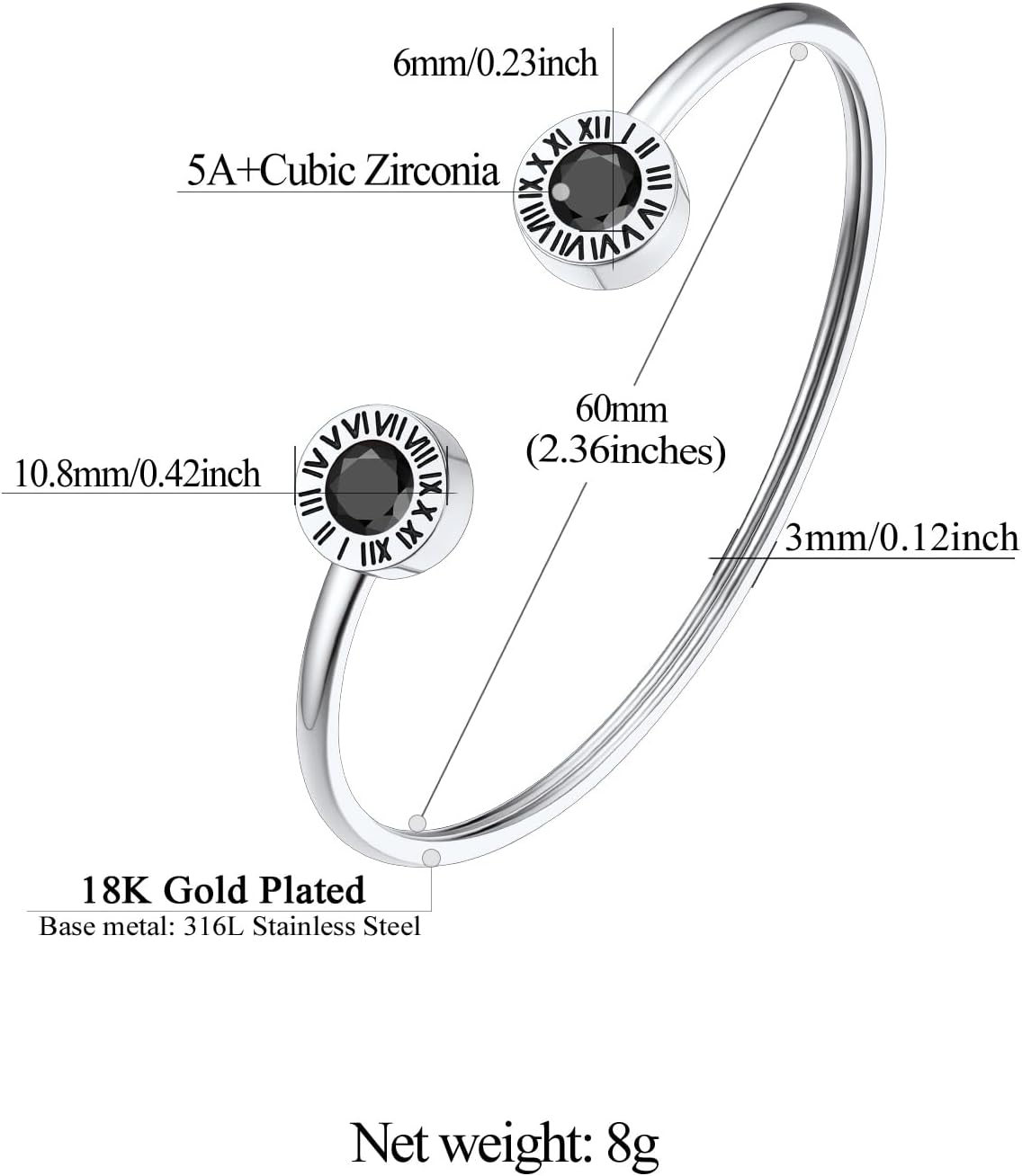 Stainless Steel Birthstones Cuff Bracelets with Roman Numerals Size