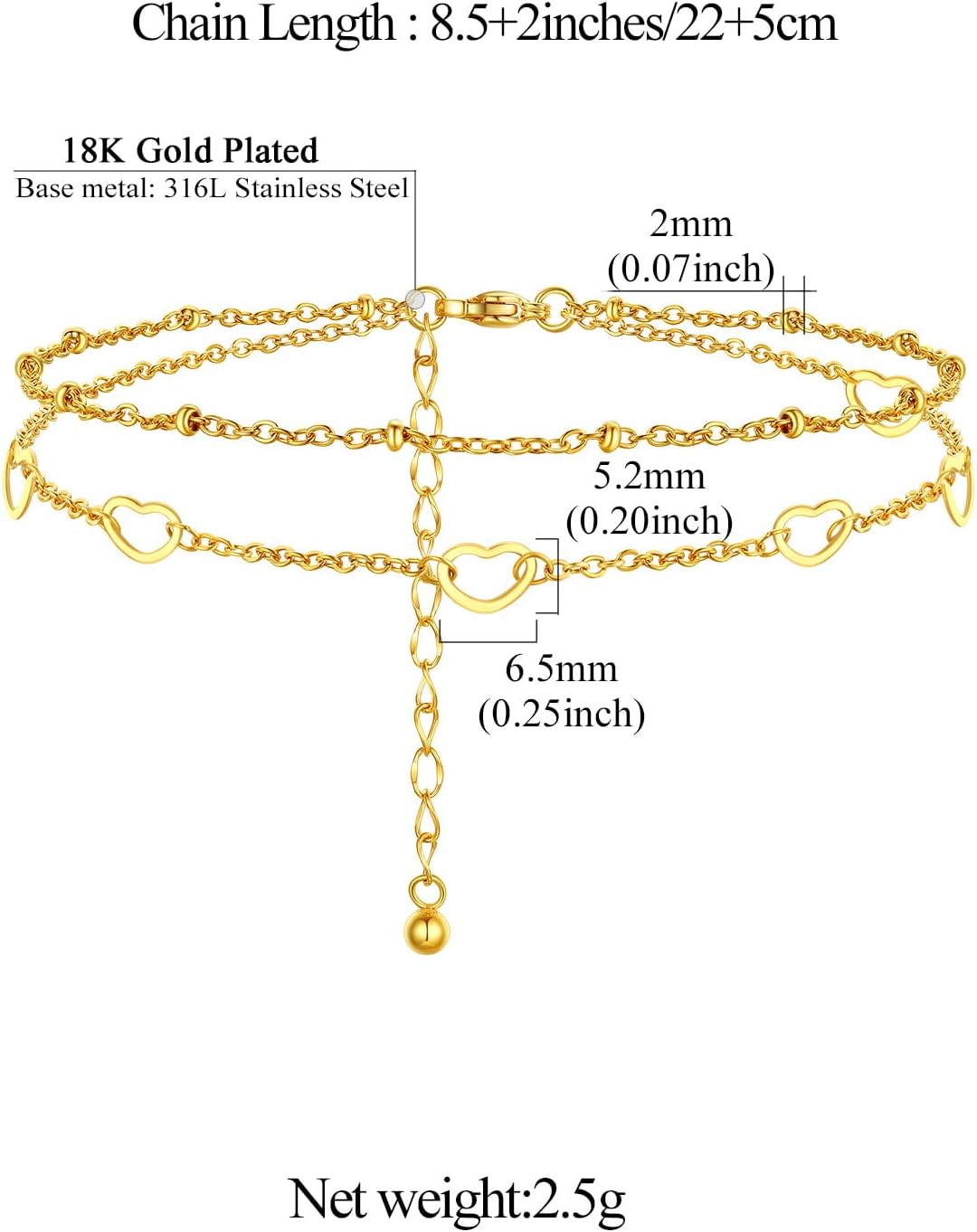 Plus Size Waterproof Heart Charms Layered Ankle