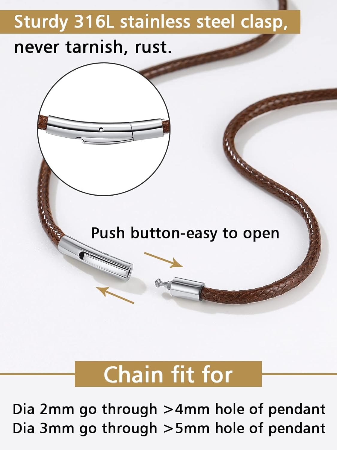 3mm Brown Braided Cord Leather Necklace with Stainless Steel Clasp 