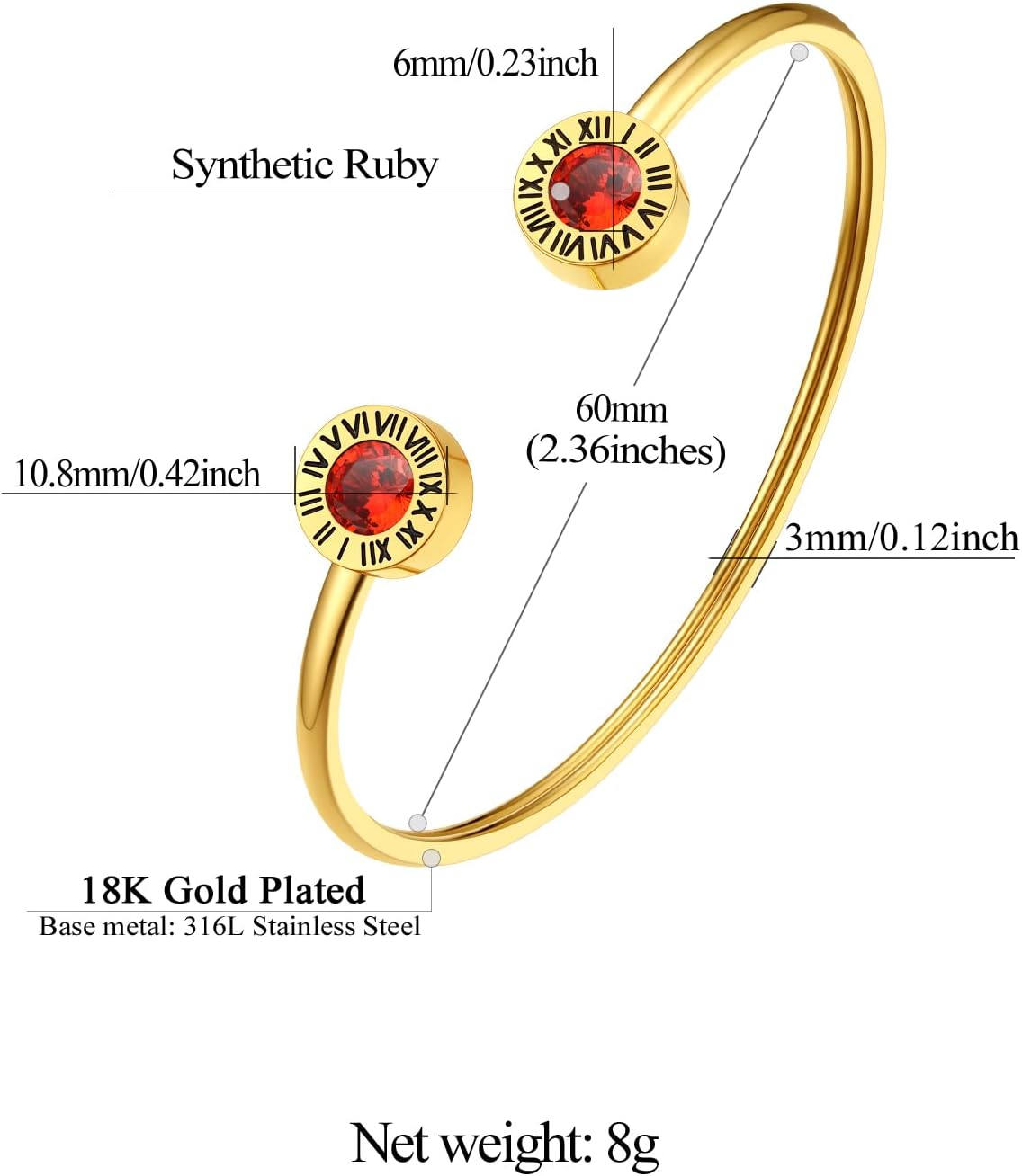 Stainless Steel Birthstones Cuff Bracelets with Roman Numerals Size