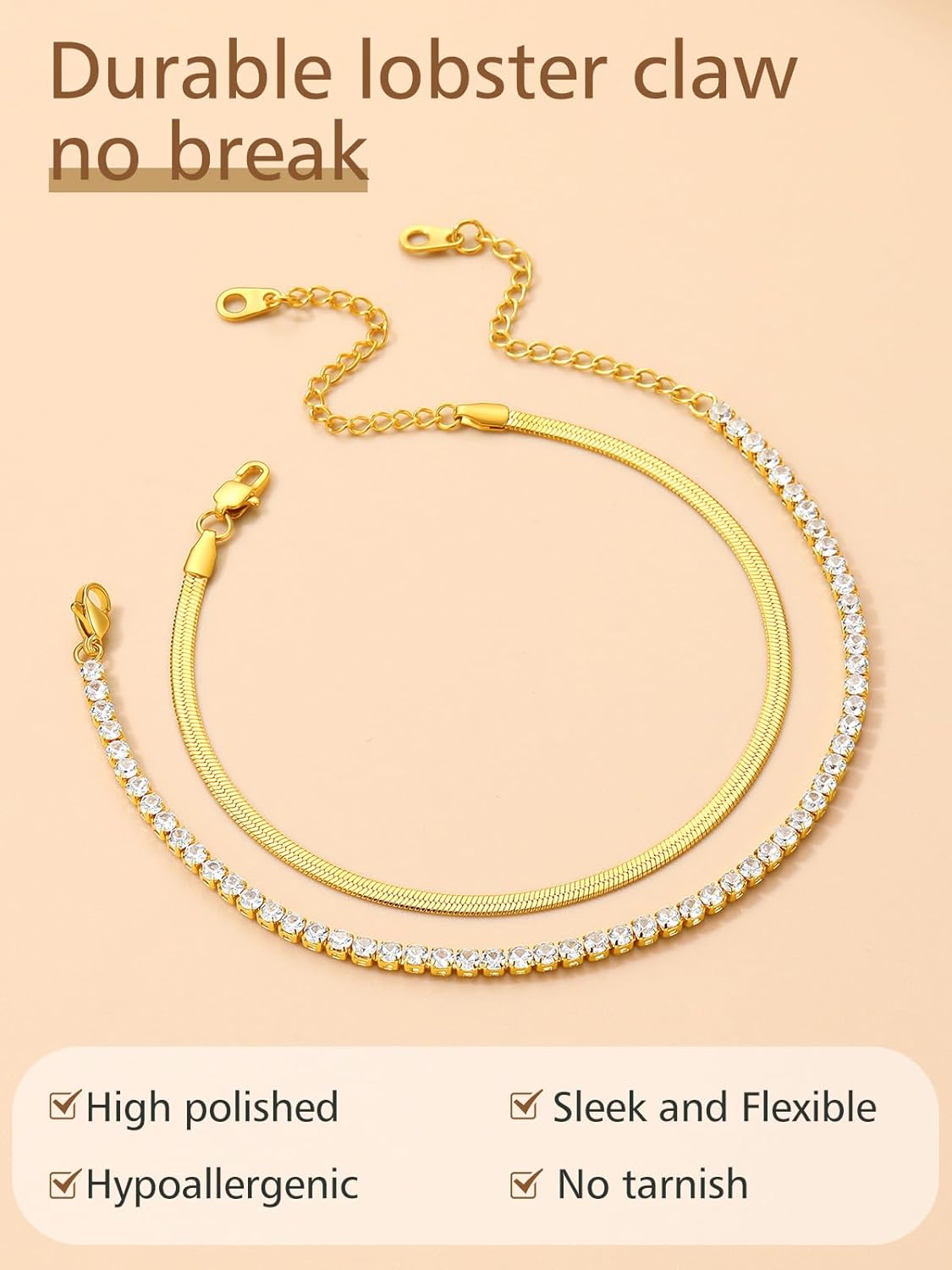 2PCS Herringbone & Tennis Chain Foot Jewelry Anklets Jewelry Set