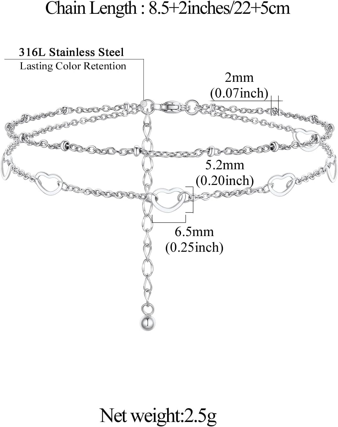 Plus Size Waterproof Heart Charms Layered Ankle