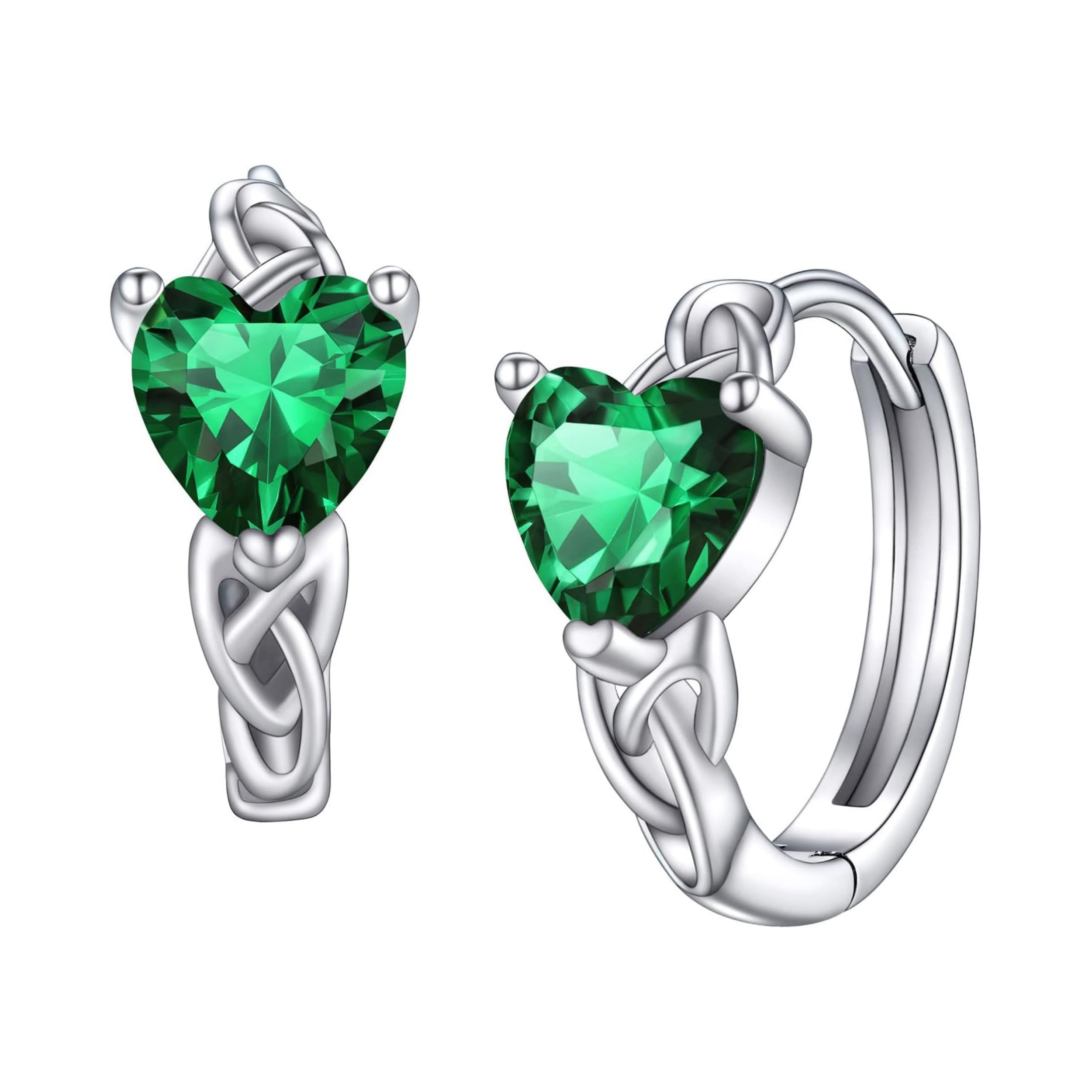 May Green Emerald Heart Celtic Knot Birthstone Hoop Earrings