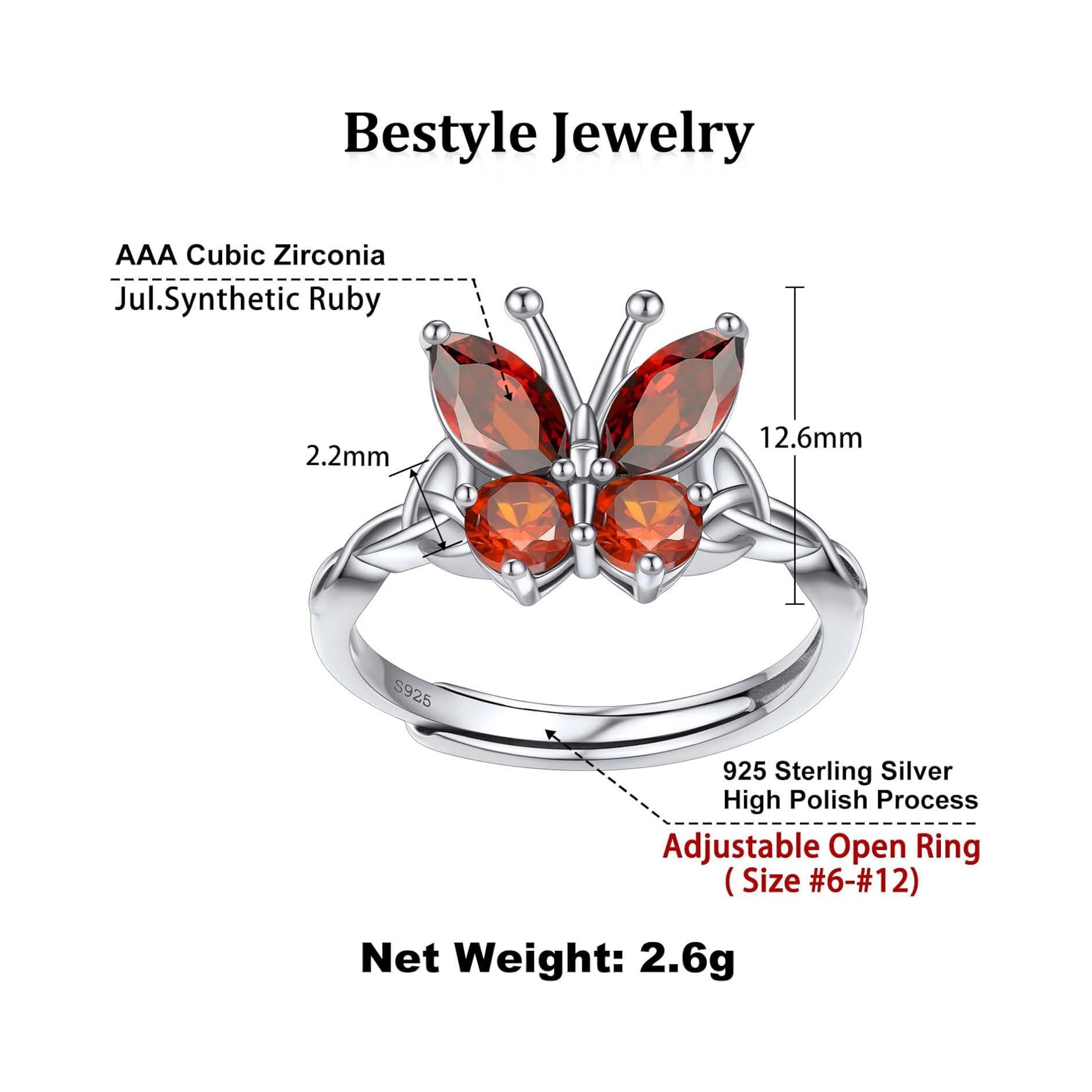 July Ruby Butterfly Birthstone Stackable Rings