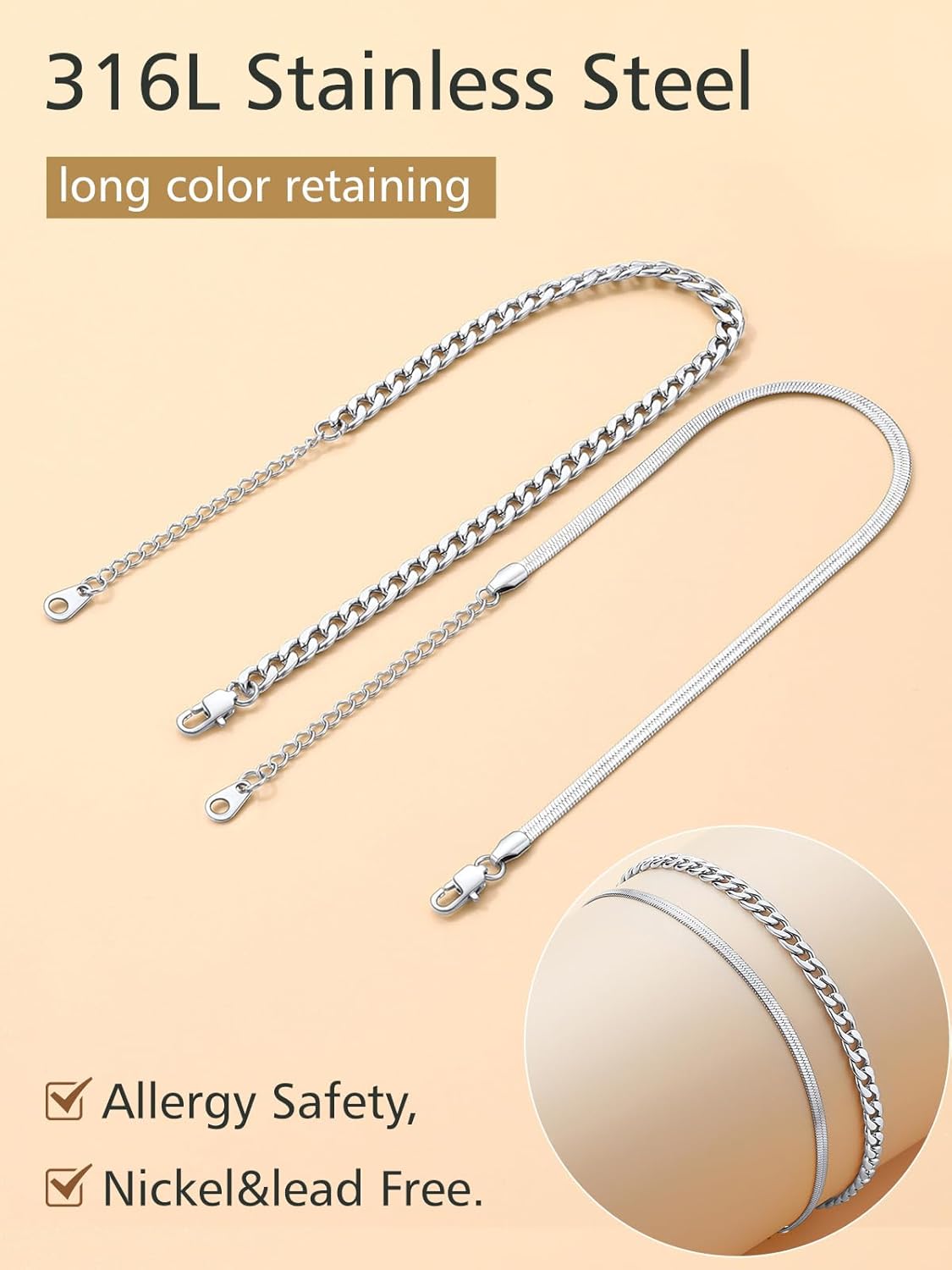 316L Stainless Steel 2PCS Cuban & Herringbone Ankle Set