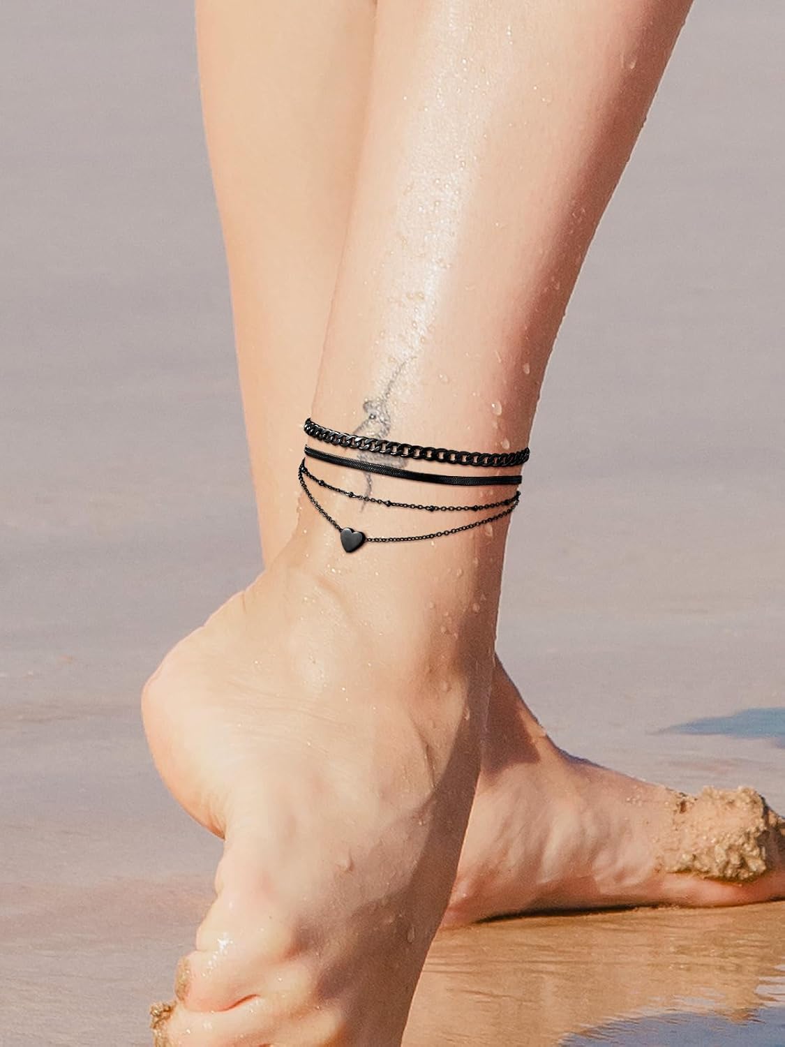 3PCS Cuban & Herringbone & Beaded Heart Ankle