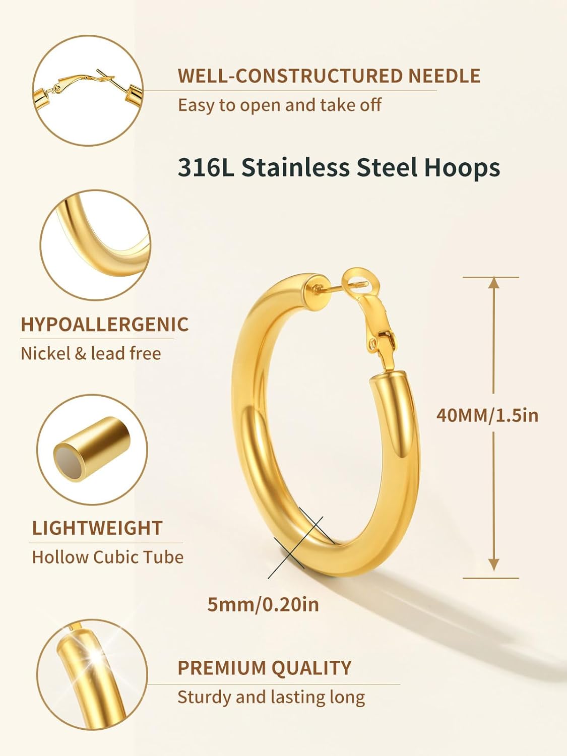 Classic Stainless Steel Tube Hoop Rounded Loop Earrings