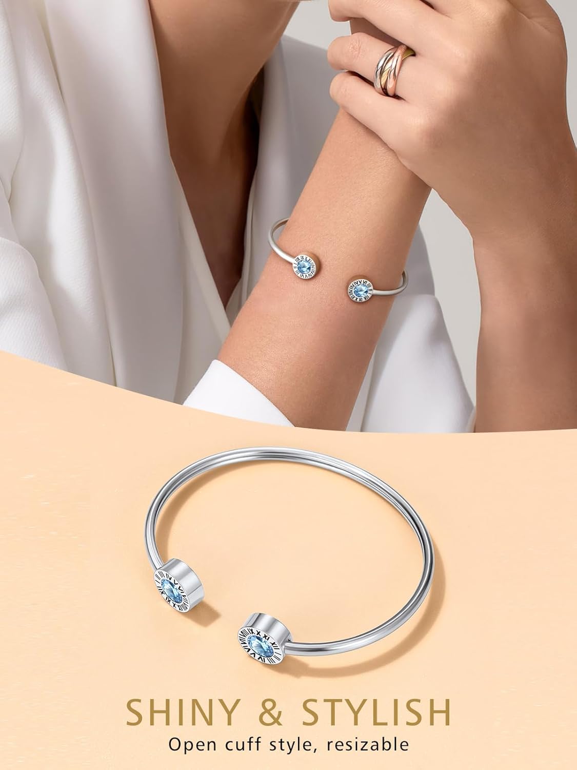 Stainless Steel Birthstones Cuff Bracelets with Roman Numerals 