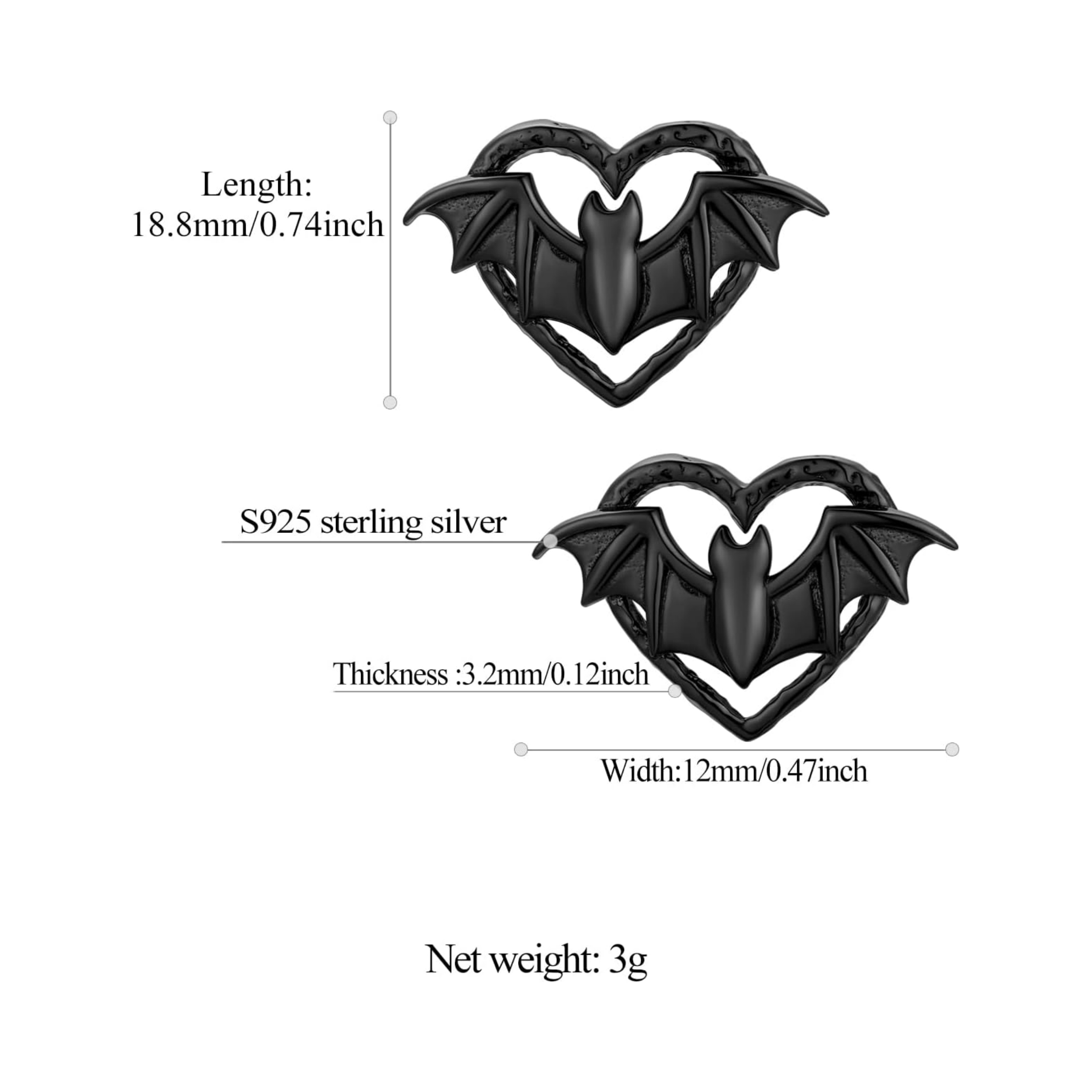 Heart Bat Stud Earrings Details: Dimensions, Hypoallergenic, Push Back Finding