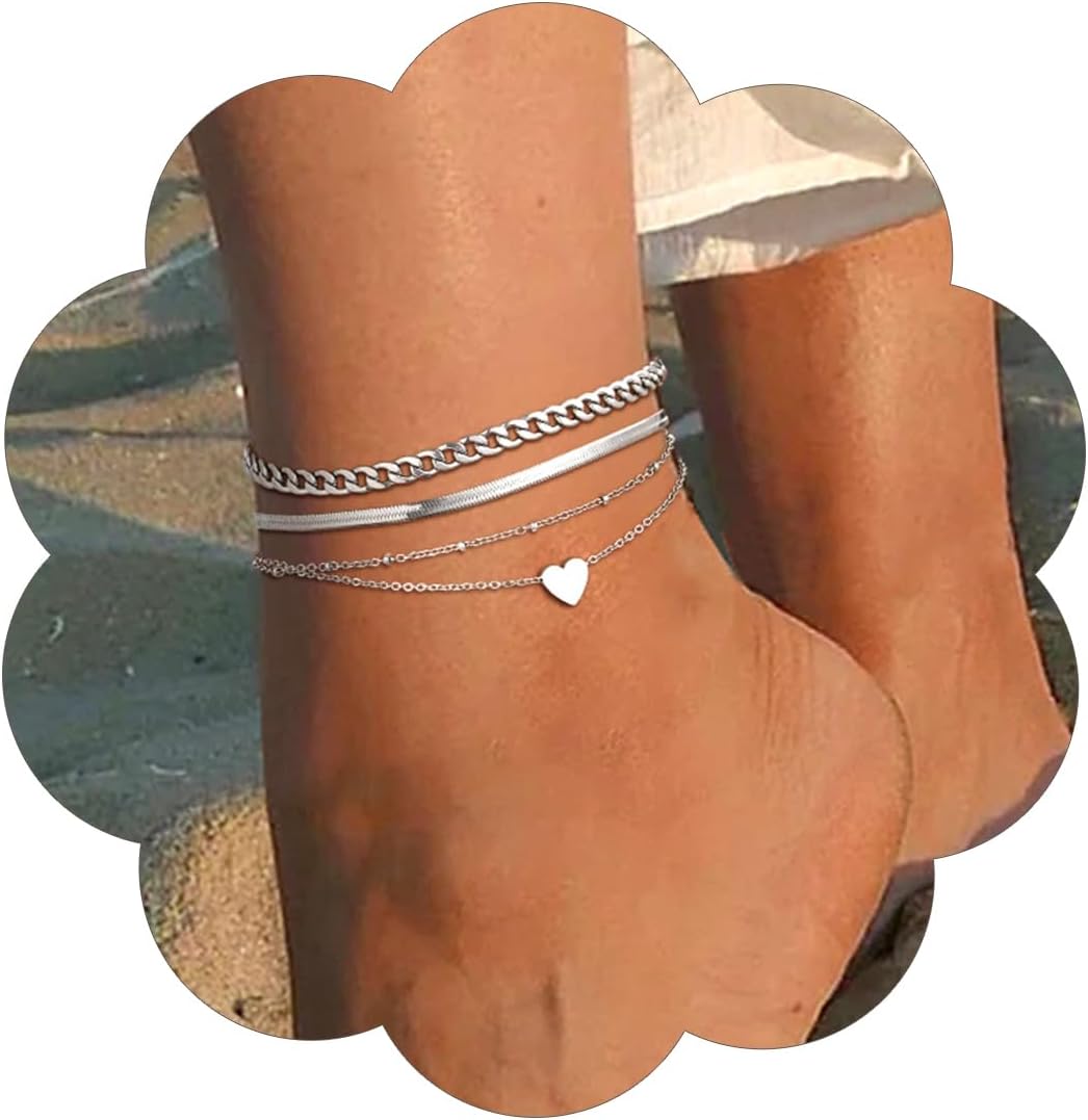 3PCS Cuban & Herringbone & Beaded Heart Ankle Set