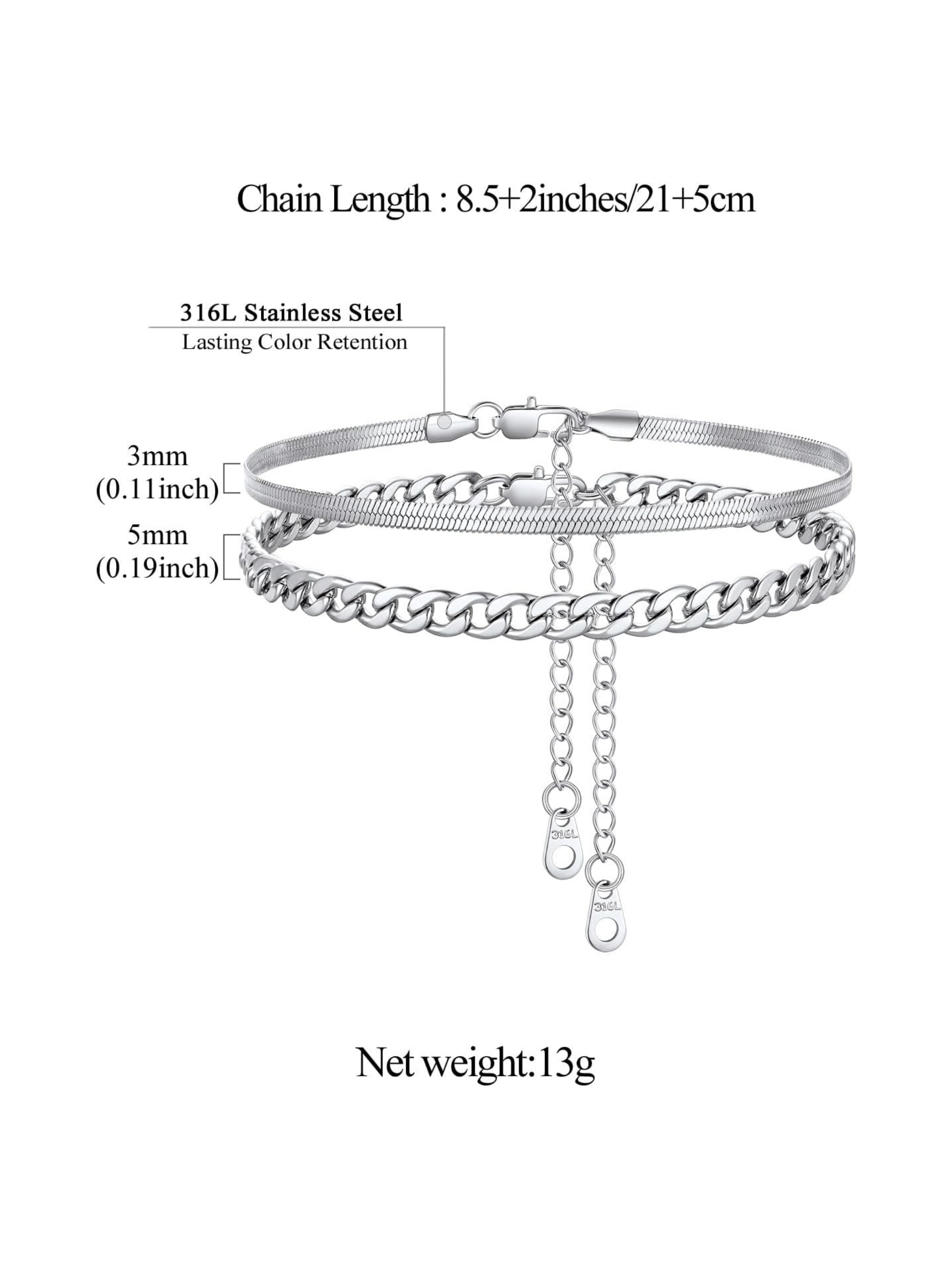 2PCS Cuban & Herringbone Ankle Set Details: Dimensions, Hypoallergenic, Lobster-Claw-Clasps