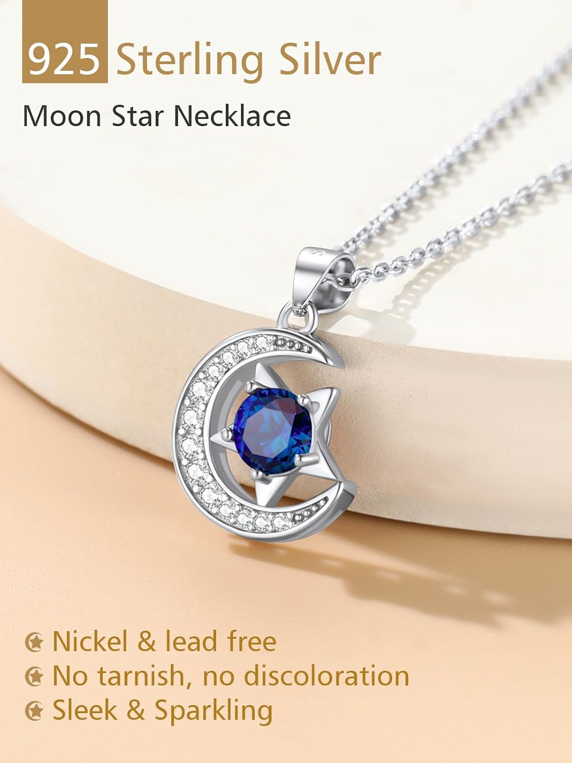 Sparkly Sterling Silver Cute Moon Star Birthstone Necklace