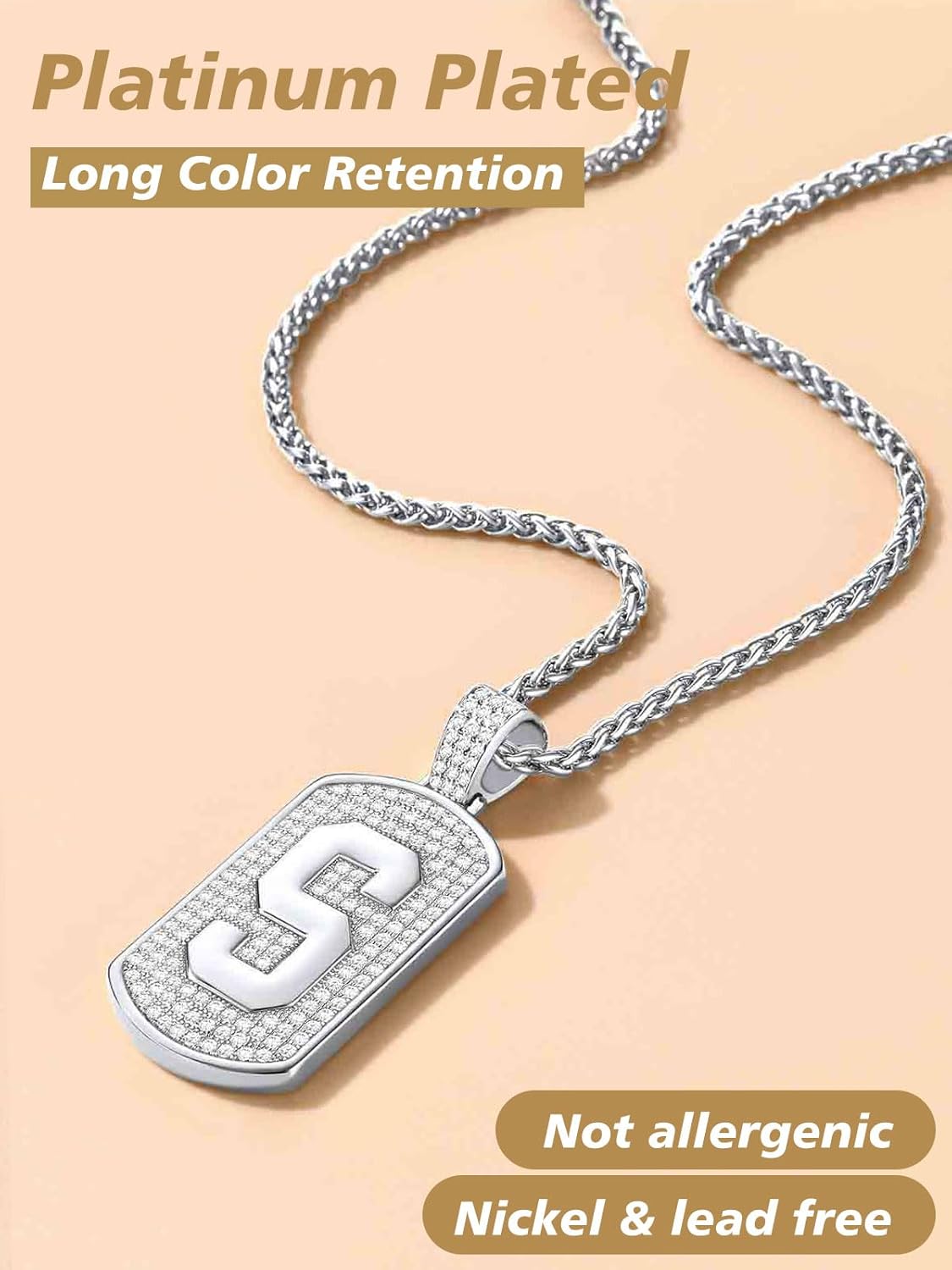 Initial Letter Pendant Cubic Zirconia Dog Tag Necklace