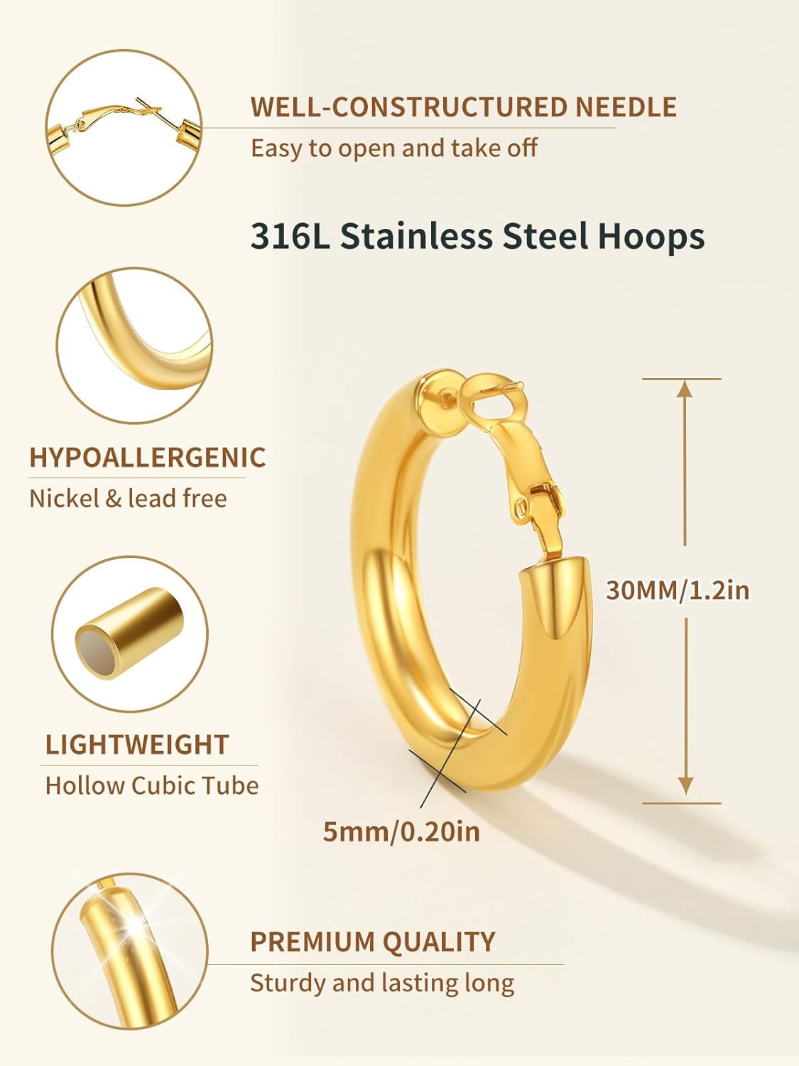 Classic Stainless Steel Tube Hoop Rounded Loop Earrings
