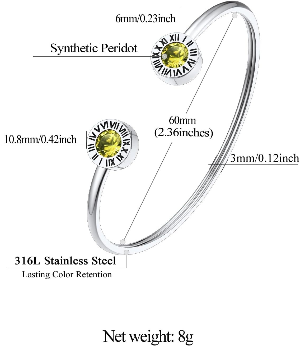 Stainless Steel Birthstones Cuff Bracelets with Roman Numerals Size