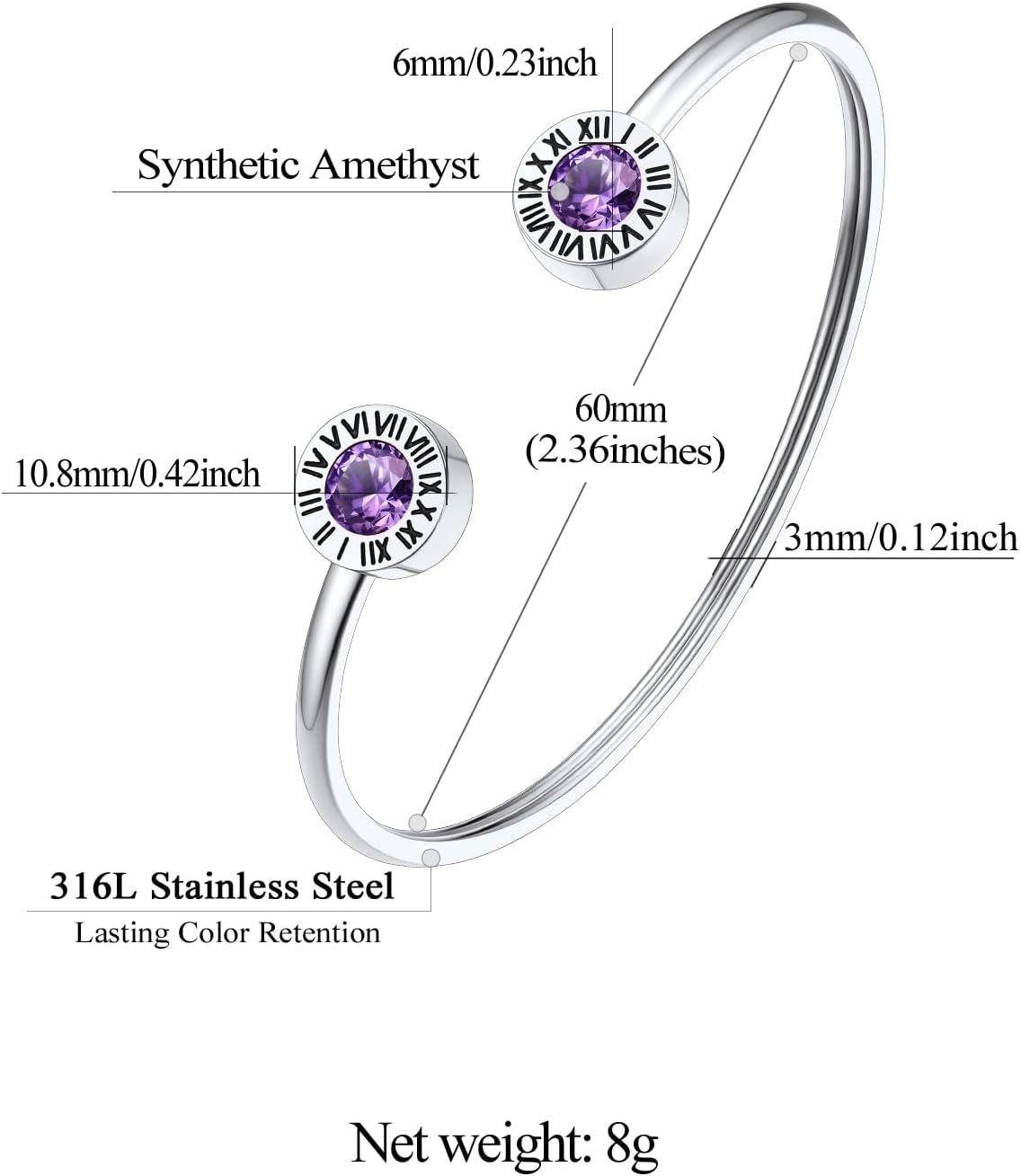 Stainless Steel Birthstones Cuff Bracelets with Roman Numerals Size
