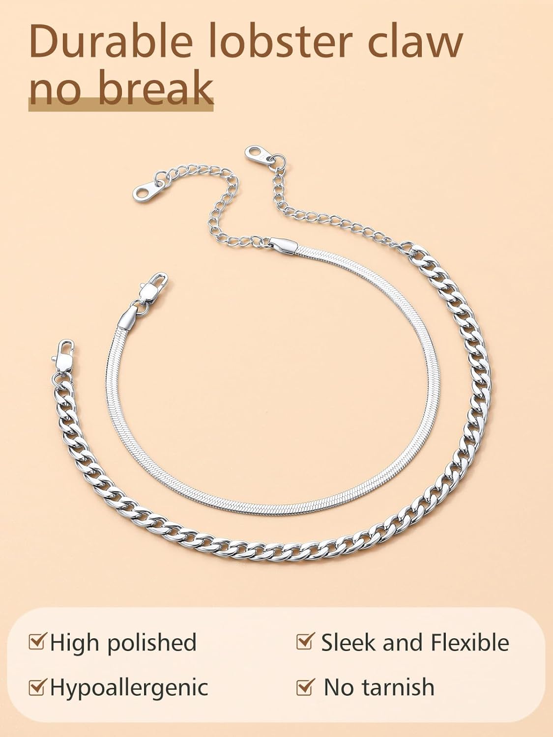 316L Stainless Steel 2PCS Cuban & Herringbone Ankle Set