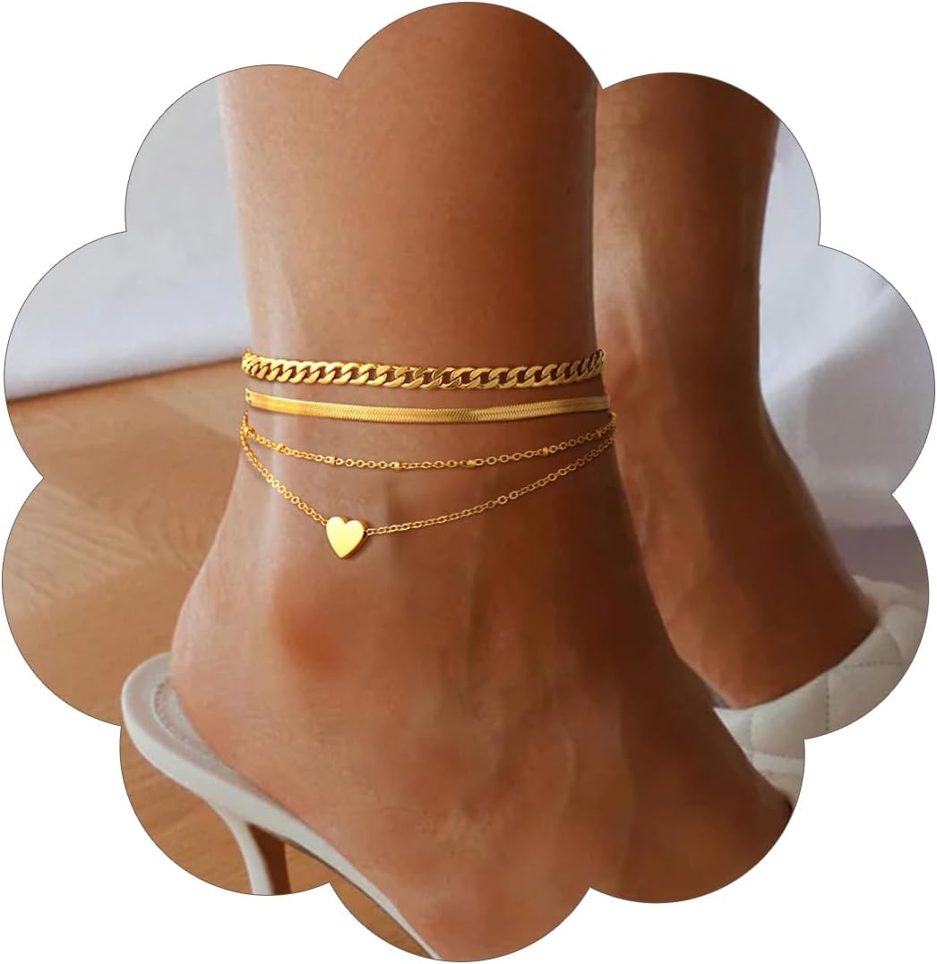 3PCS Cuban & Herringbone & Beaded Heart Ankle Set