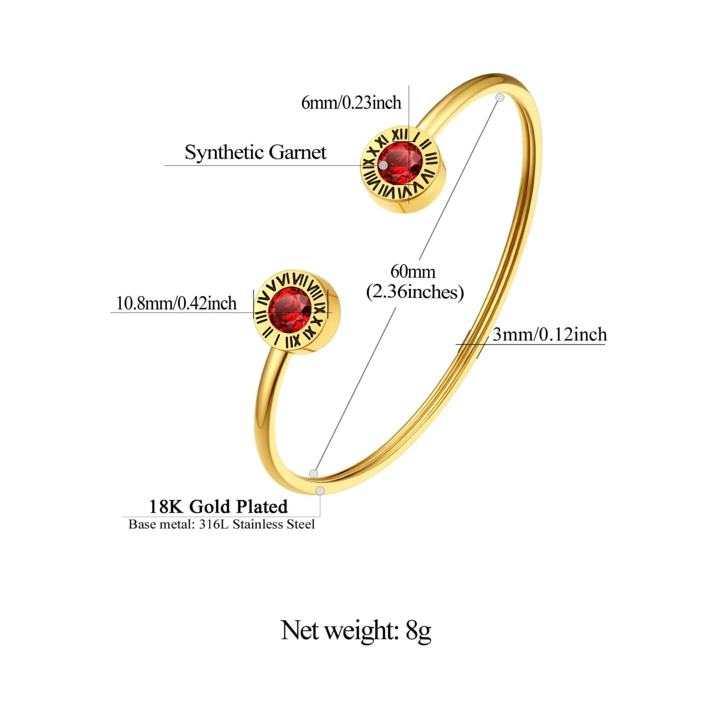 Stainless Steel Birthstones Cuff Bracelets with Roman Numerals Size